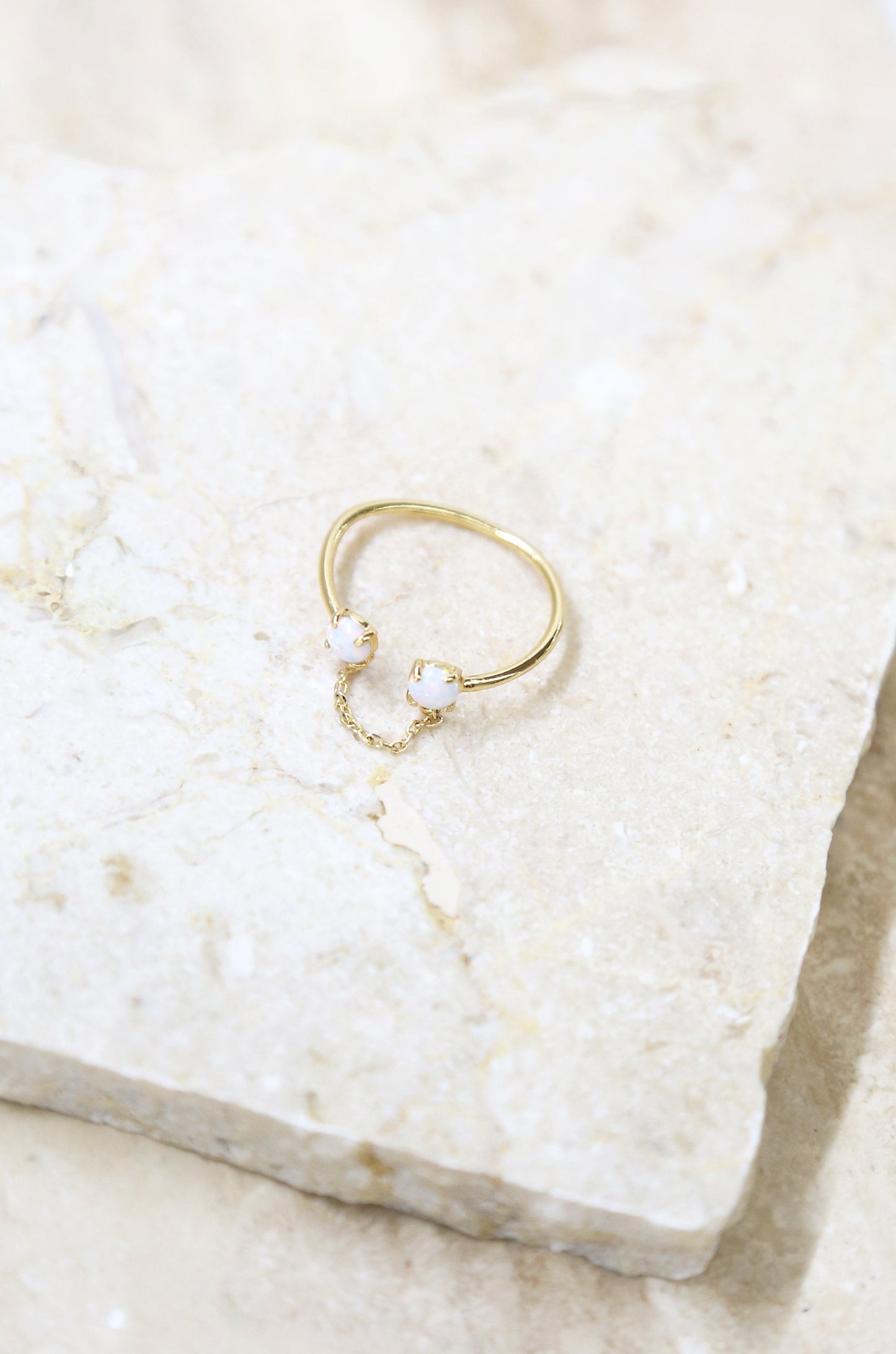 Adjustable 18k Gold Plated Ring with Chain & Kyocera Opal ON SLATE