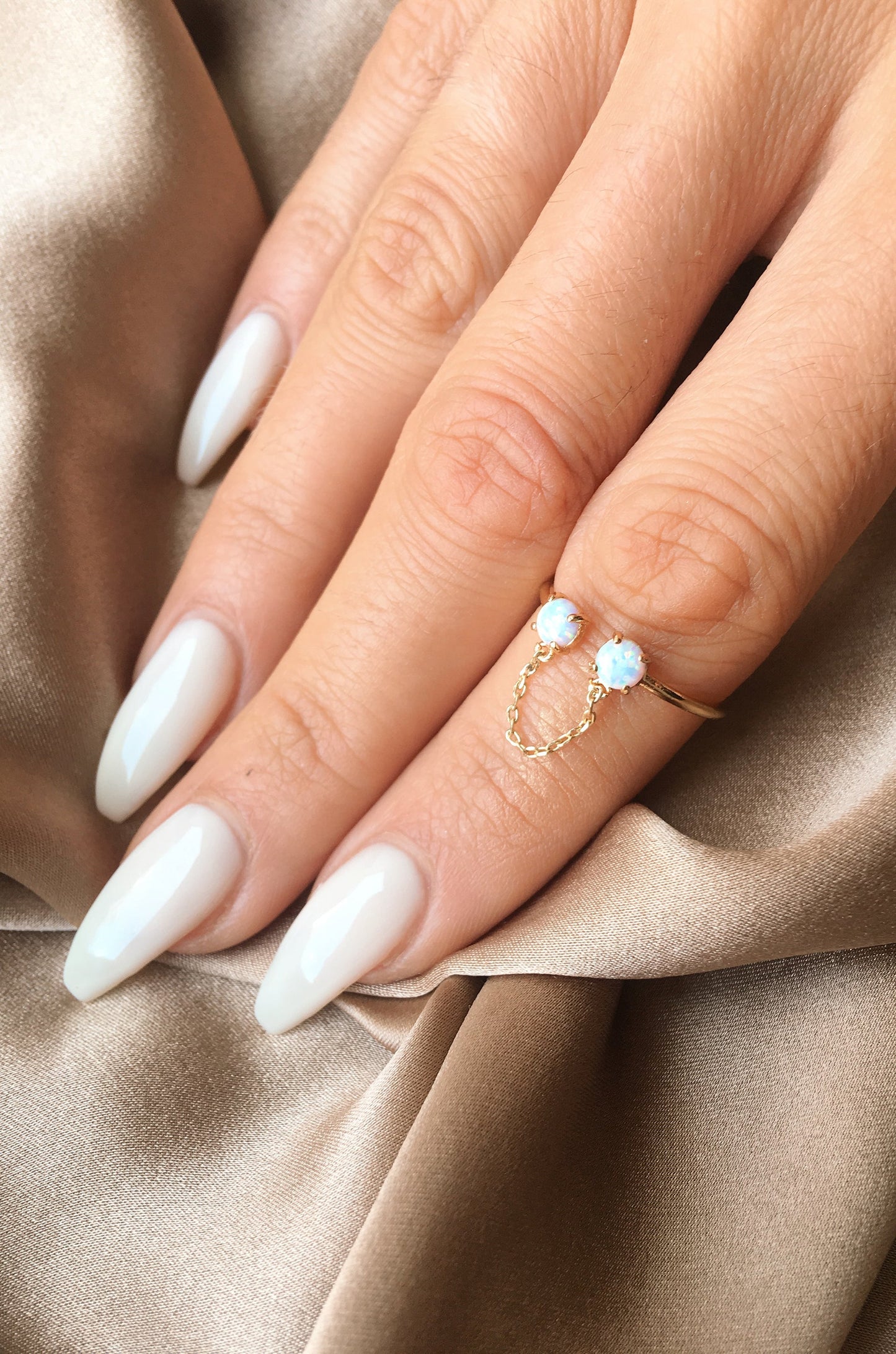 Adjustable 18k Gold Plated Ring with Chain & Kyocera Opal ON MODEL