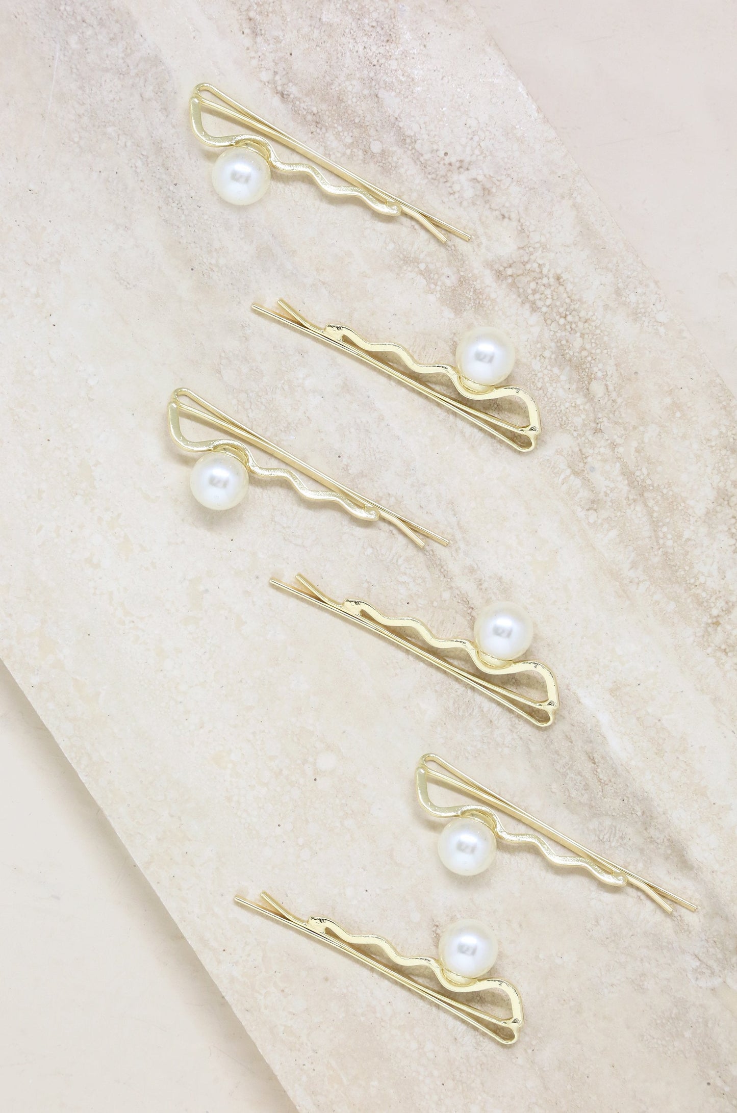 Zig Zag Pearl and Gold Hair Pin Set of 6 on slate
