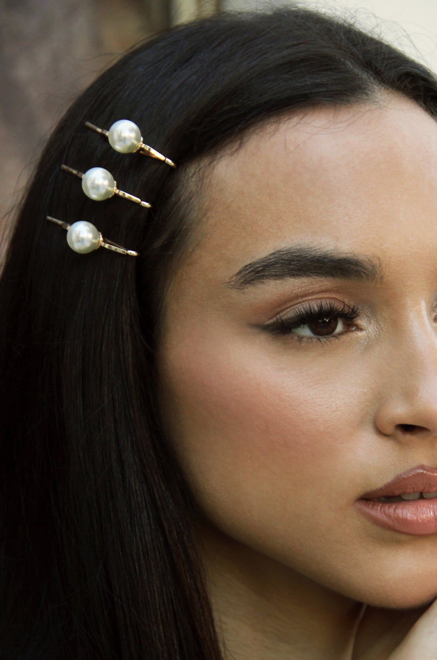 Zig Zag Pearl and Gold Hair Pin Set of 6 on model
