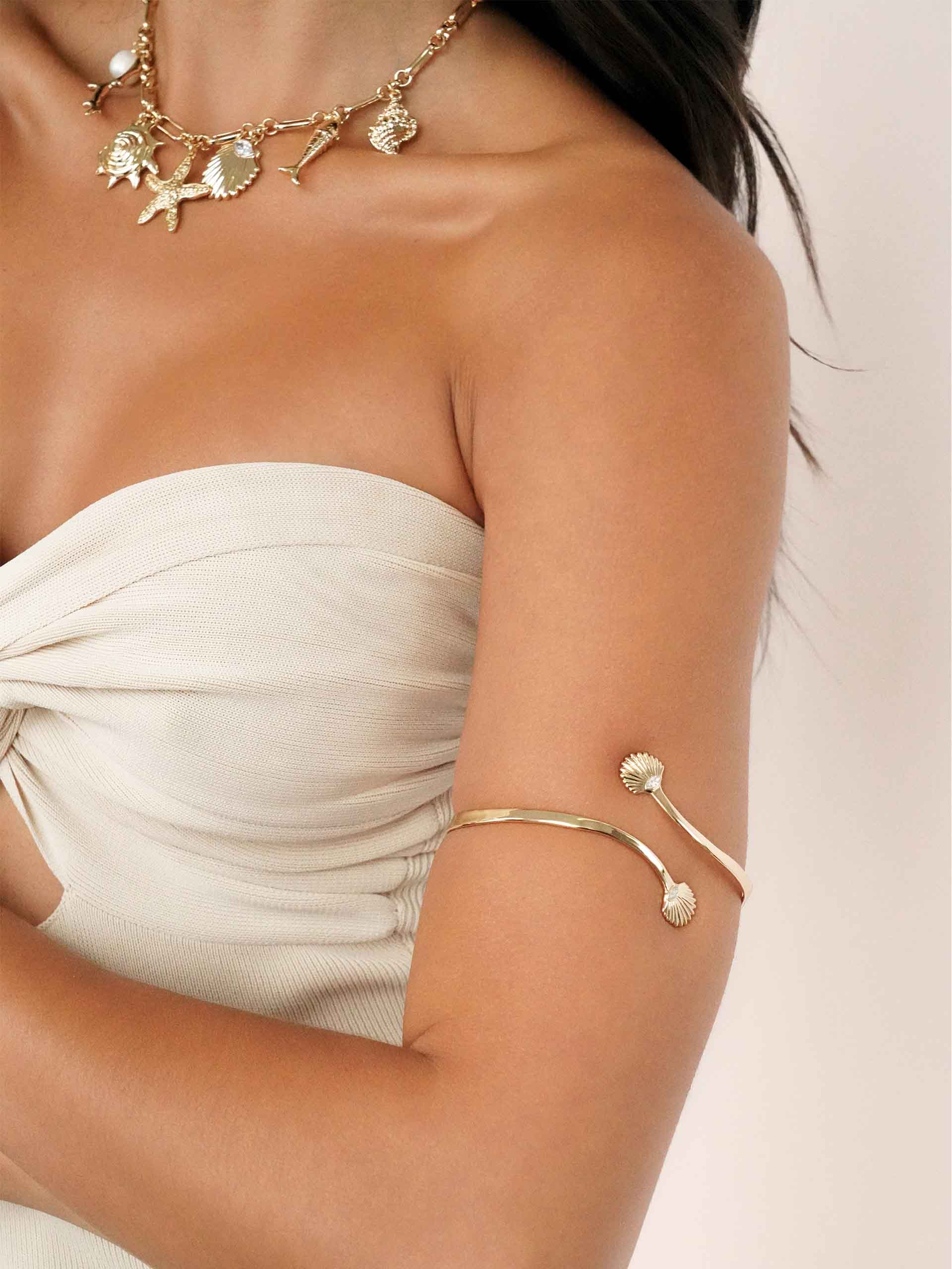 Santorini Shell Arm Cuff on model 2