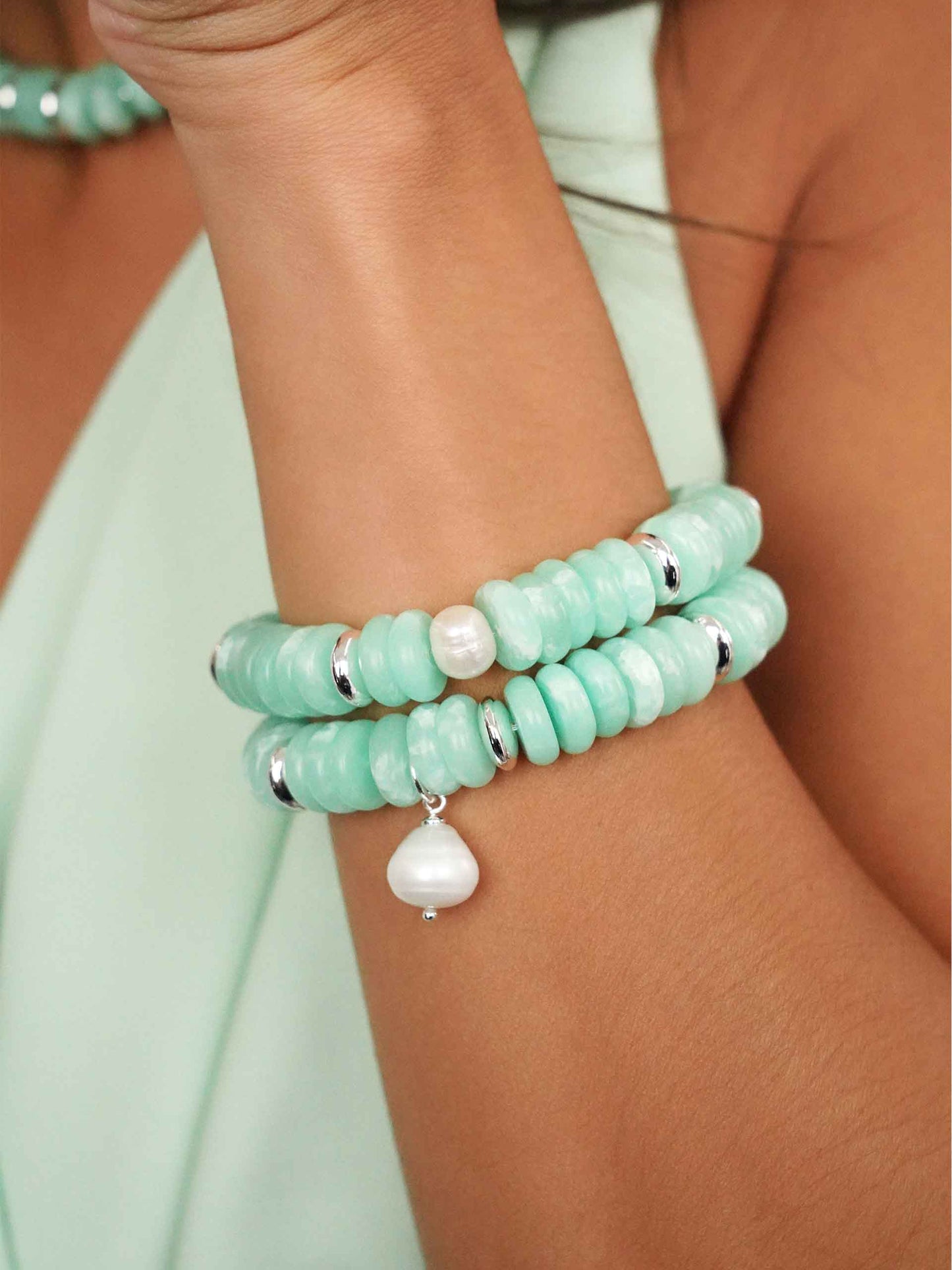 Saint Tropez Stretch Bracelet Set Seafoam Stone with Silver Plating model