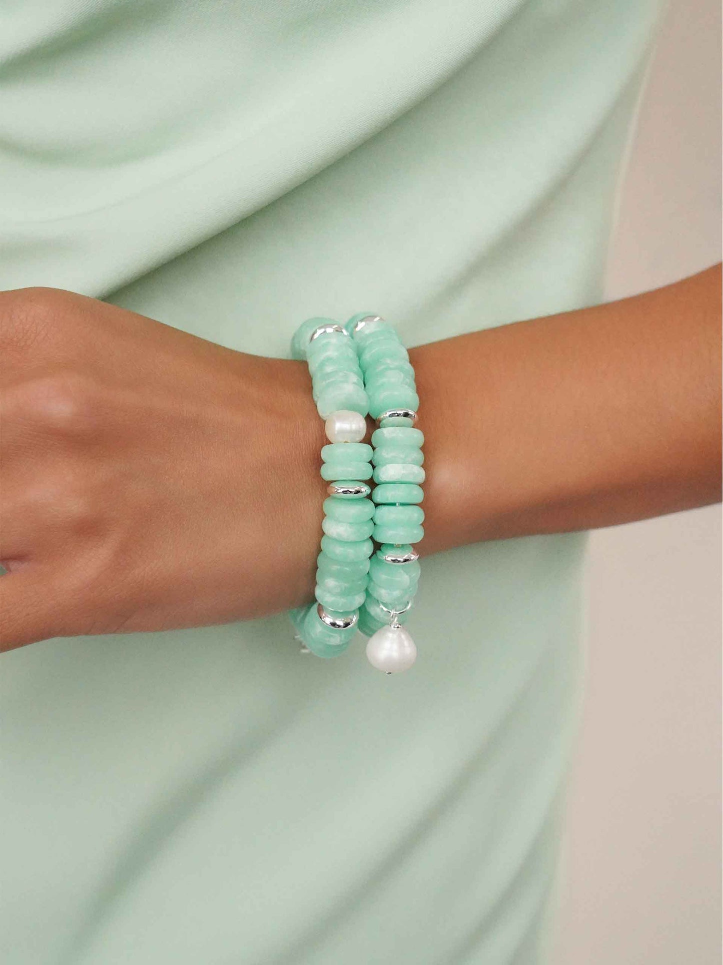 Saint Tropez Stretch Bracelet Set Seafoam Stone with Silver Plating model 3