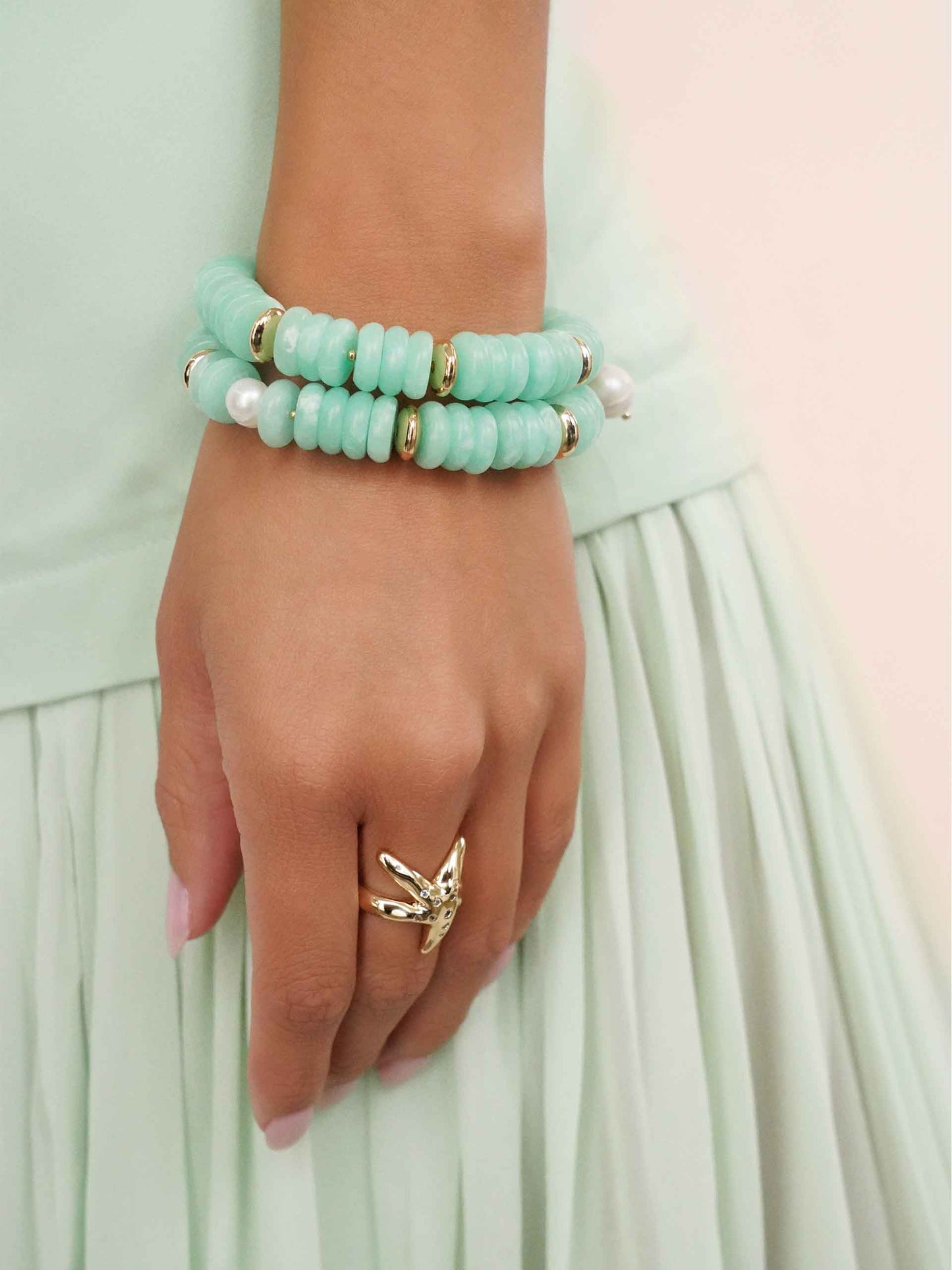 Saint Tropez Stretch Bracelet Set Seafoam Stone with 18k Gold Plating model