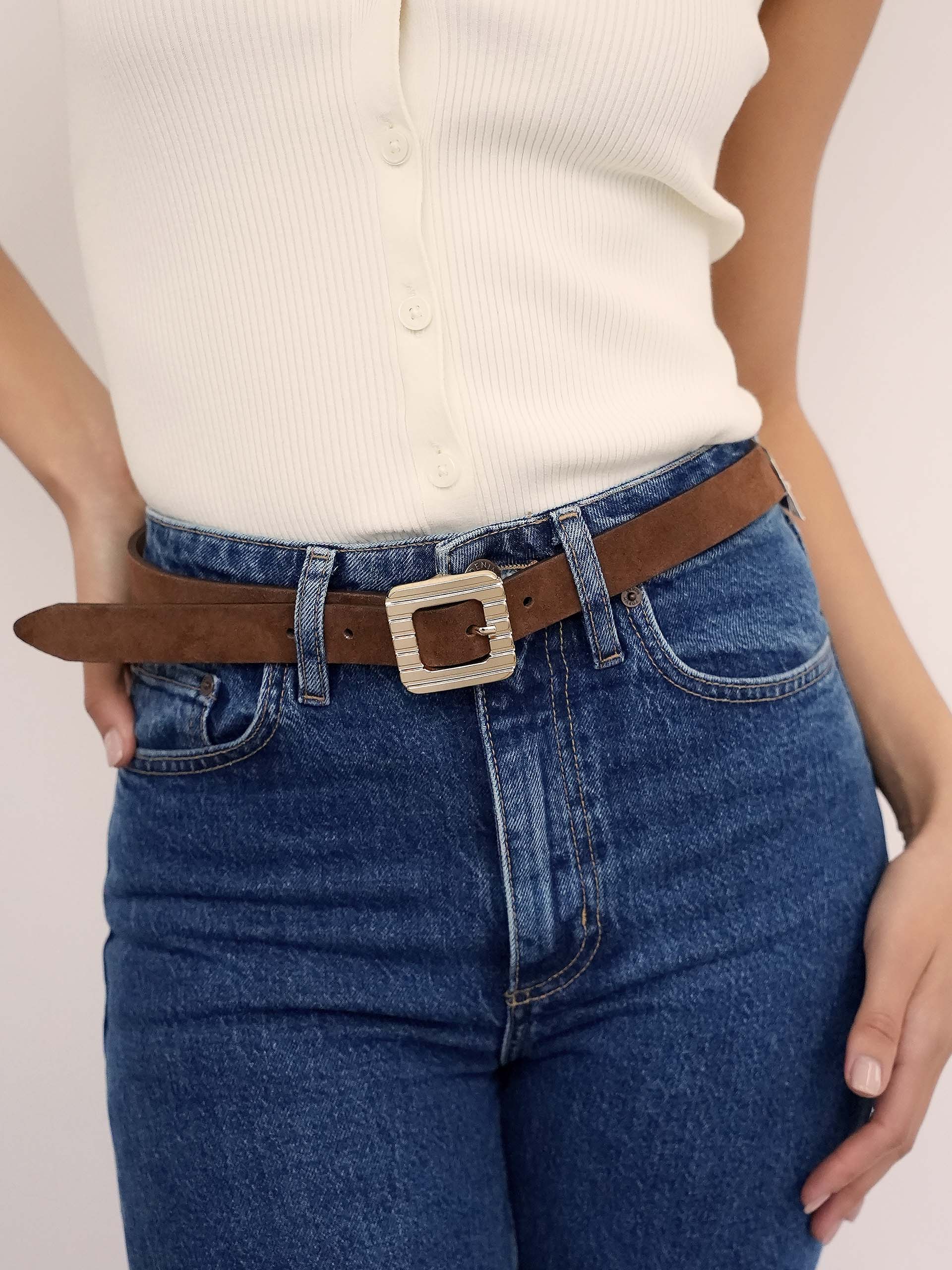 Timeless Texture Belt in Warm Truffle on model