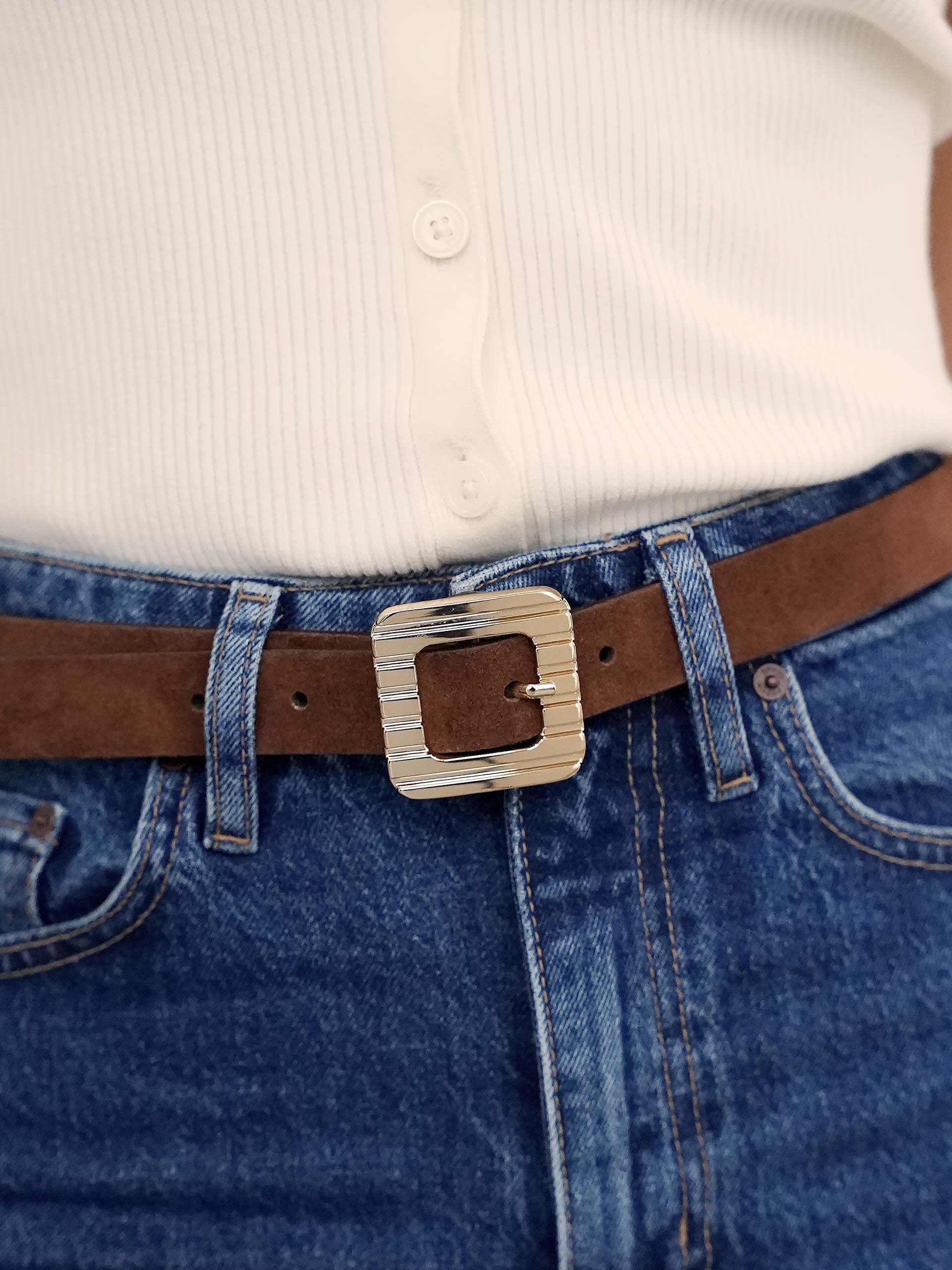 Timeless Texture Belt in Warm Truffle on model 2
