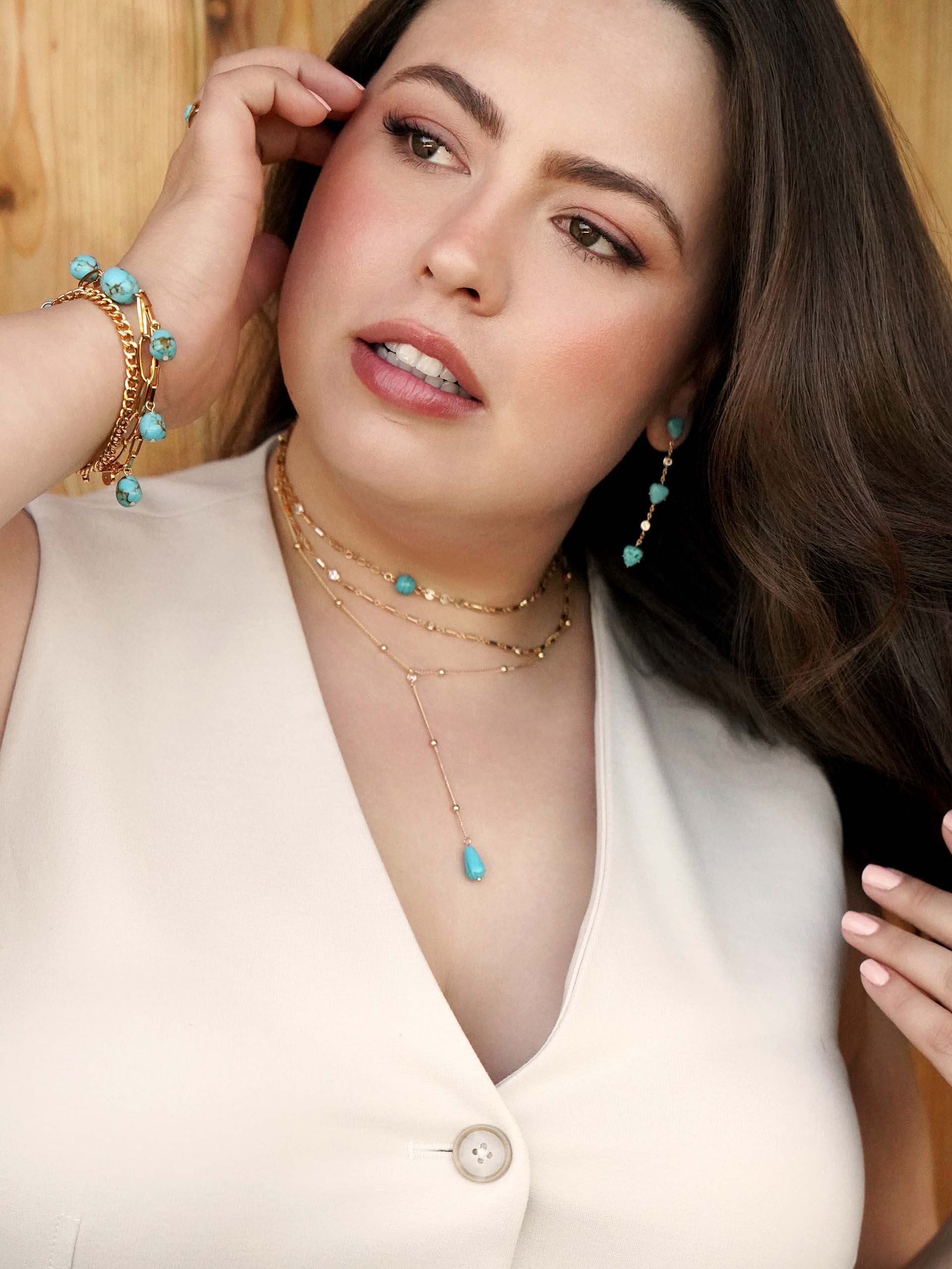 Turquoise Solstice Dangle Earrings on model 2