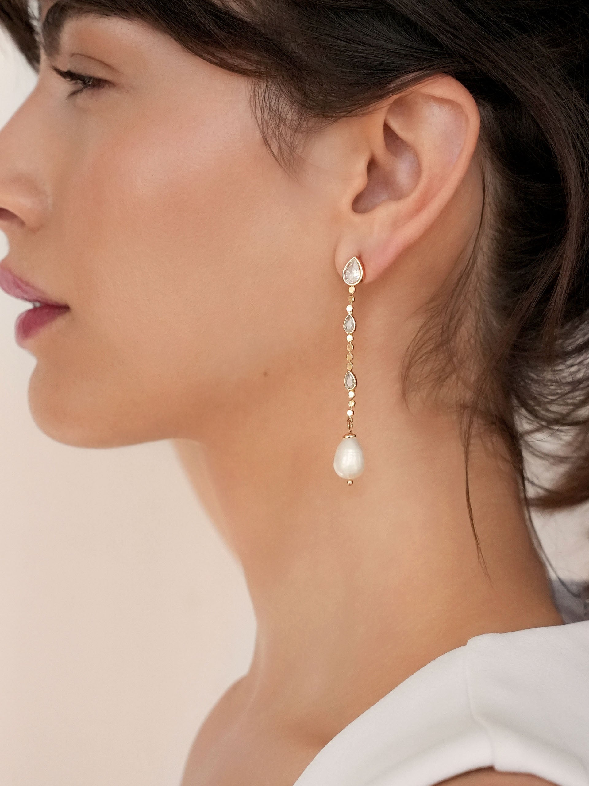 Droplet Crystal and Pearl Earring Clear Crystal with 18k Gold Plating model 2