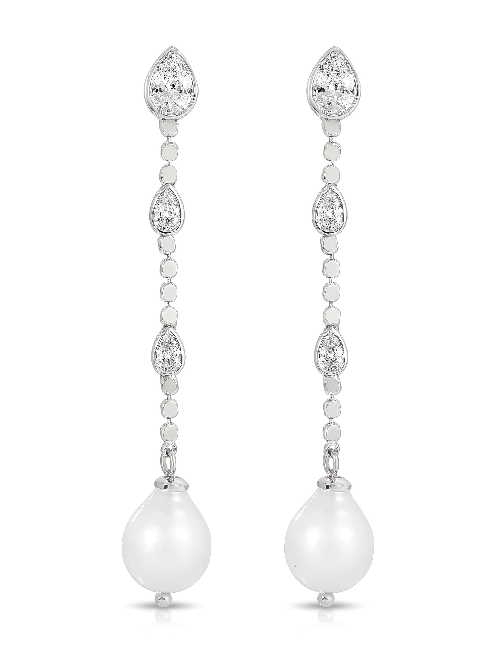Droplet Crystal and Pearl Earring Clear Crystal with Silver Plating 2