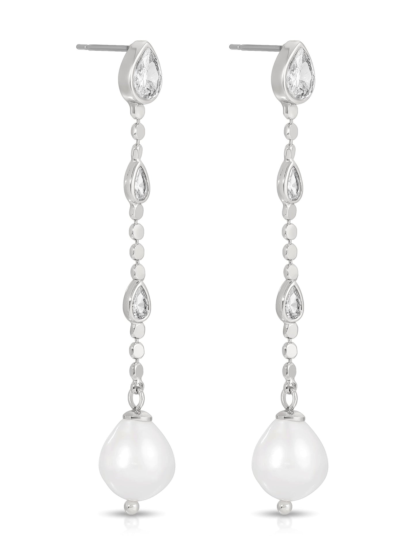 Droplet Crystal and Pearl Earring Clear Crystal with Silver Plating