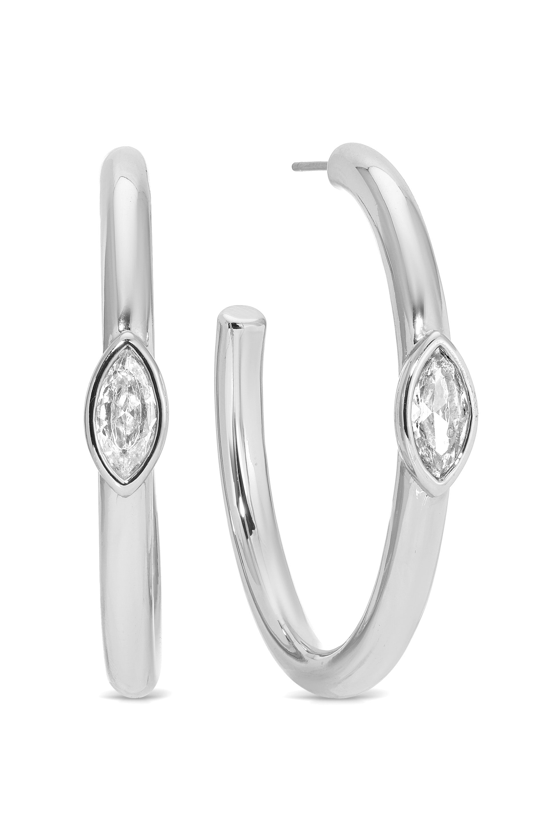 Large Marquise Crystal Hoops Clear Crystal with Silver Plating