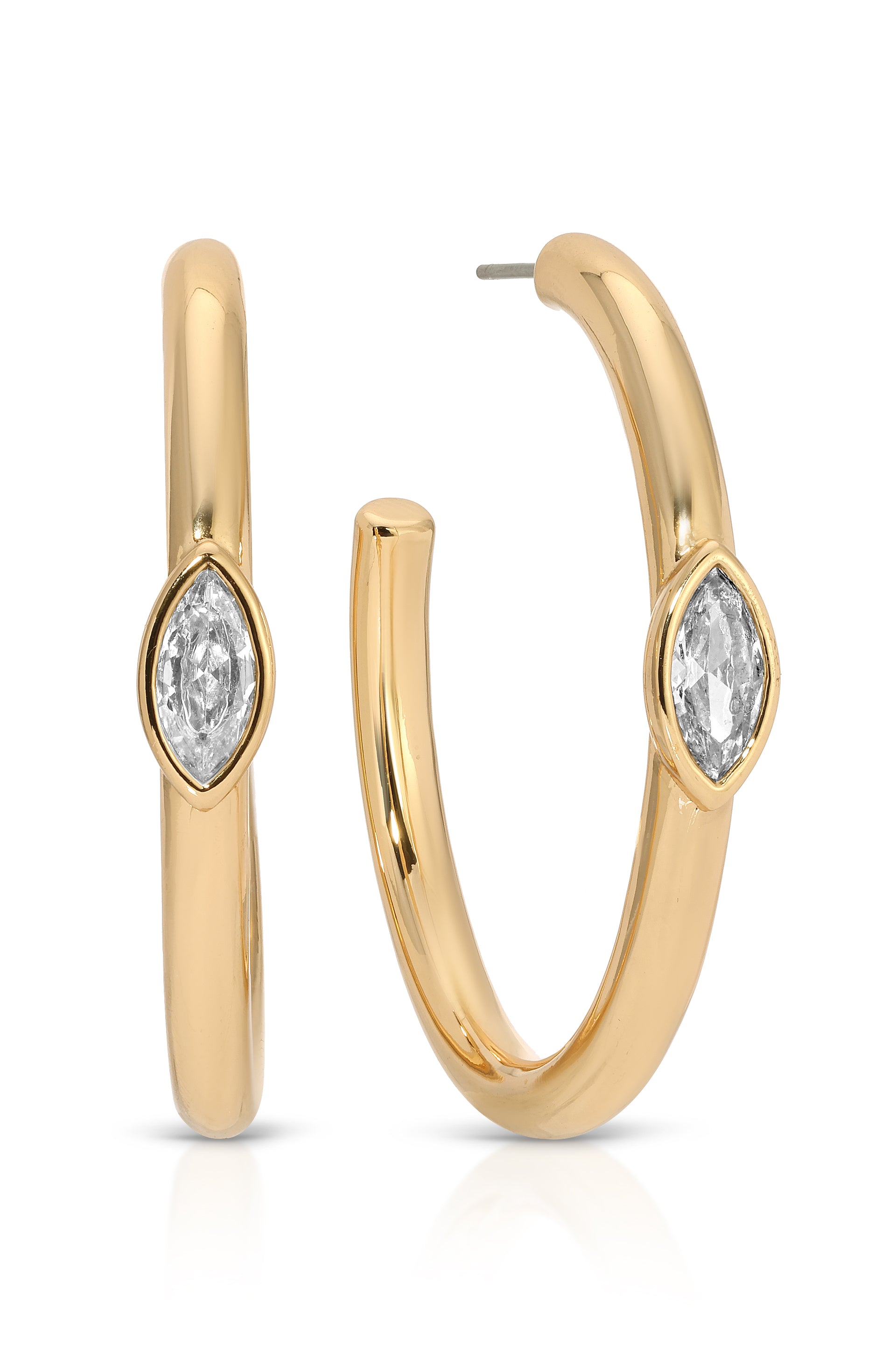 Large Marquise Crystal Hoops Clear Crystal with 18k Gold Plating