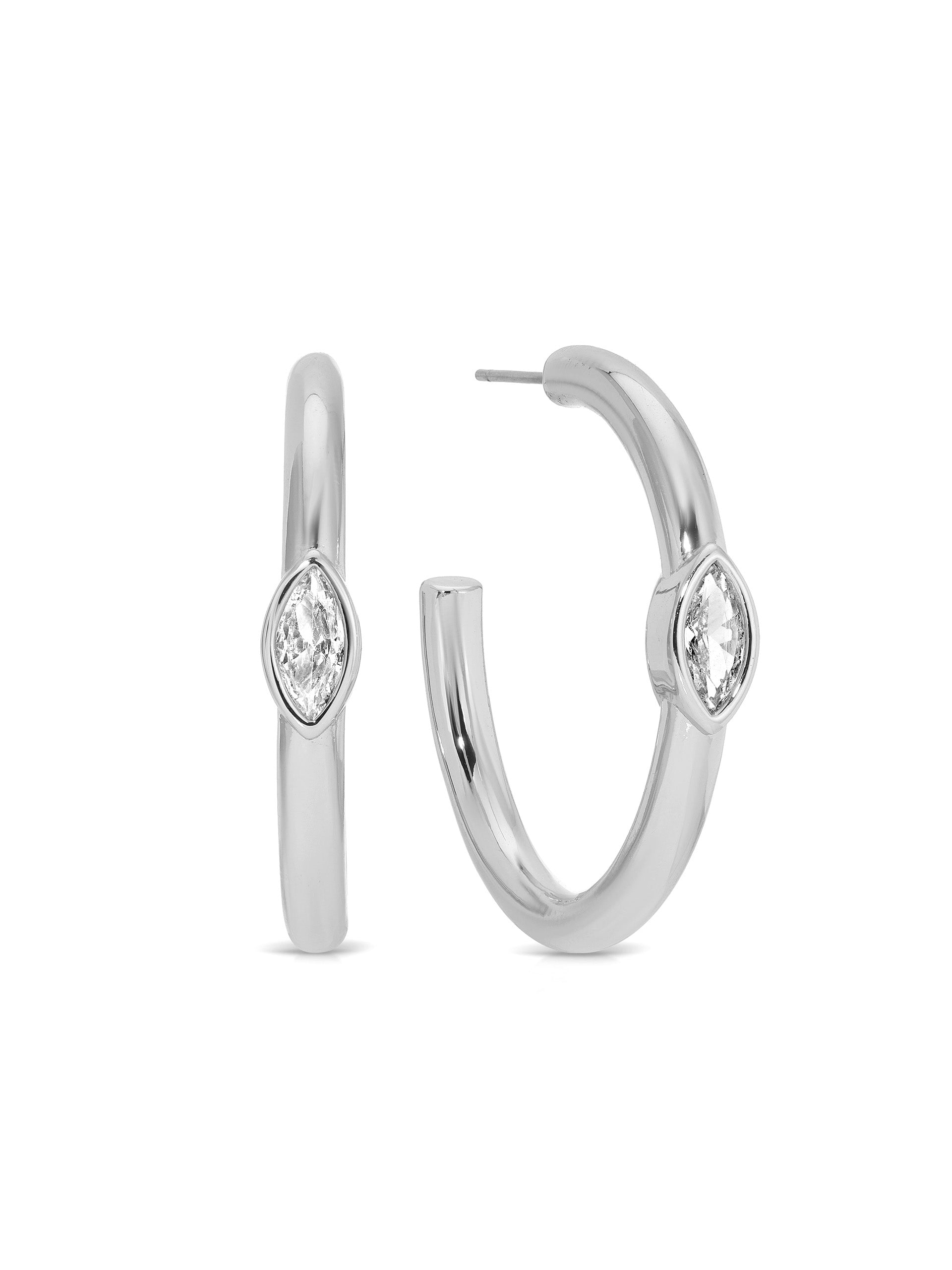 Medium Marquise Crystal Hoops Clear Crystal with Silver Plating