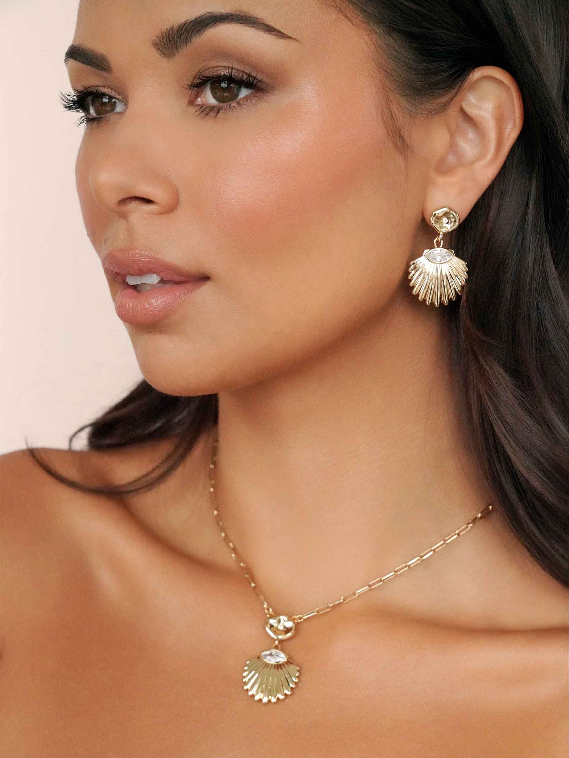 Santorini Shell Drop Earrings Clear Crystal with 18k Gold Plating model 2