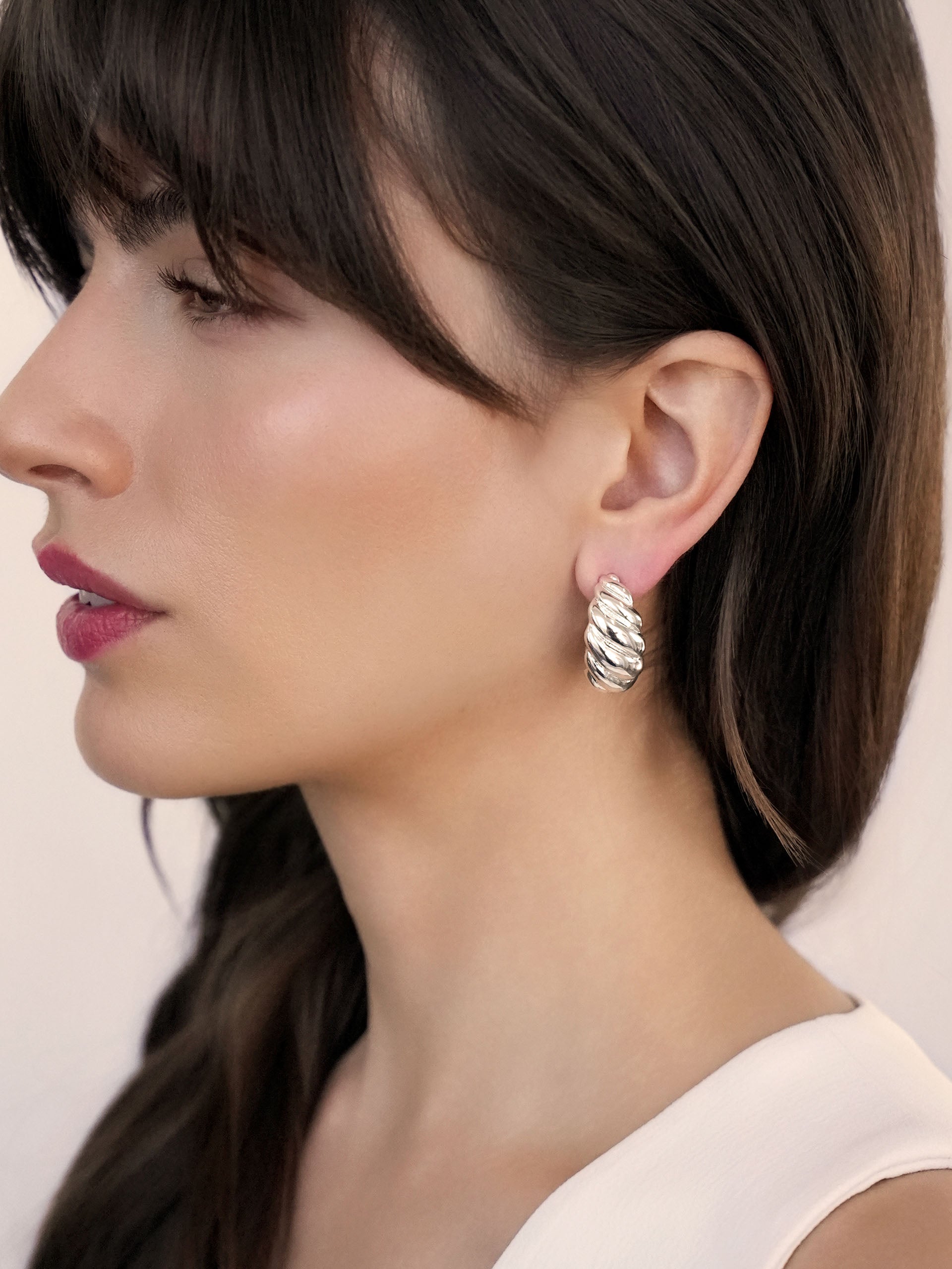 Modern Ribbed Hoops Silver Plated model 3