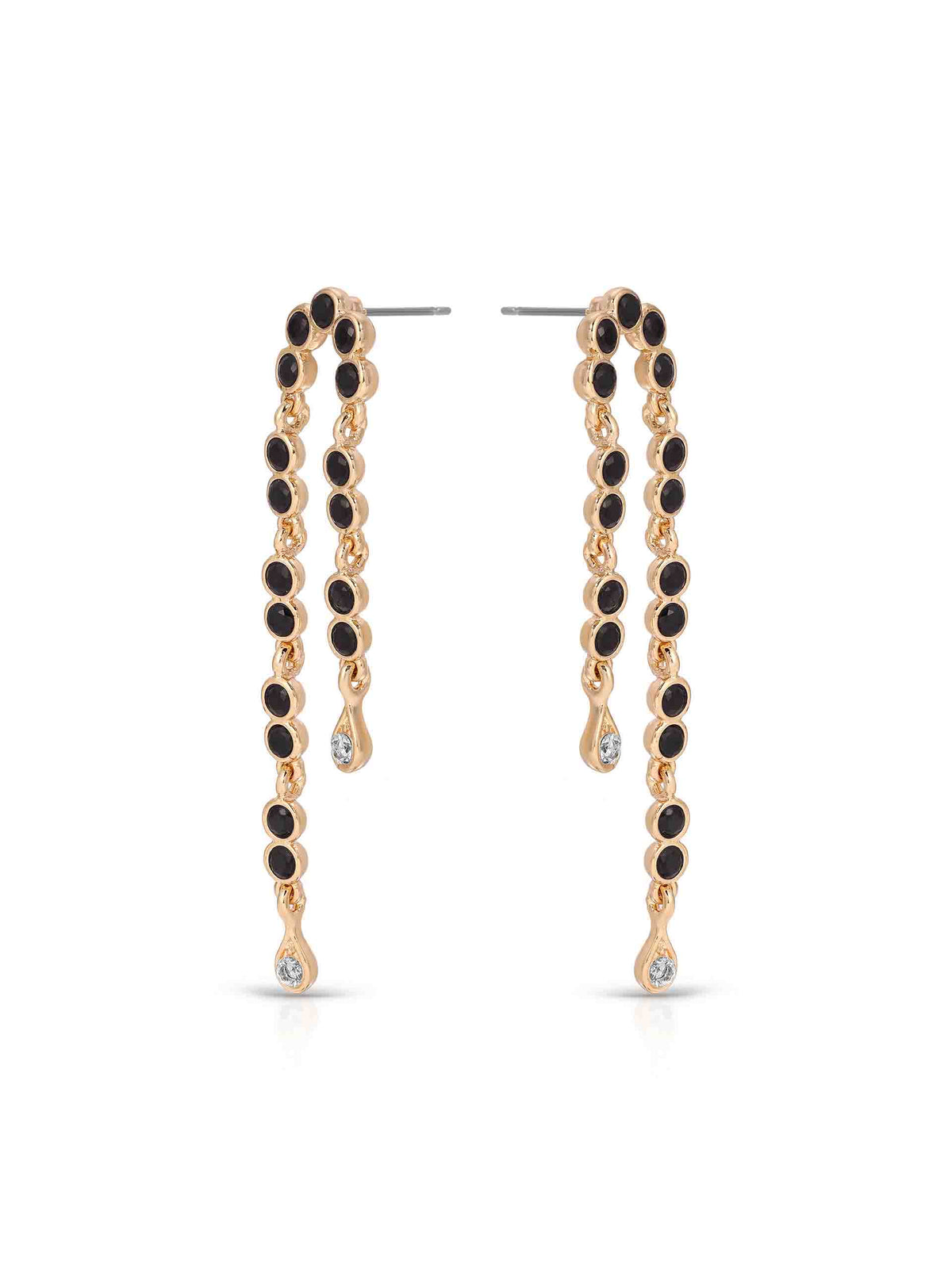 Pair of elegant gold drop earrings with oval black gemstones, delicate links, and sparkling teardrop accents, photographed on a white background.