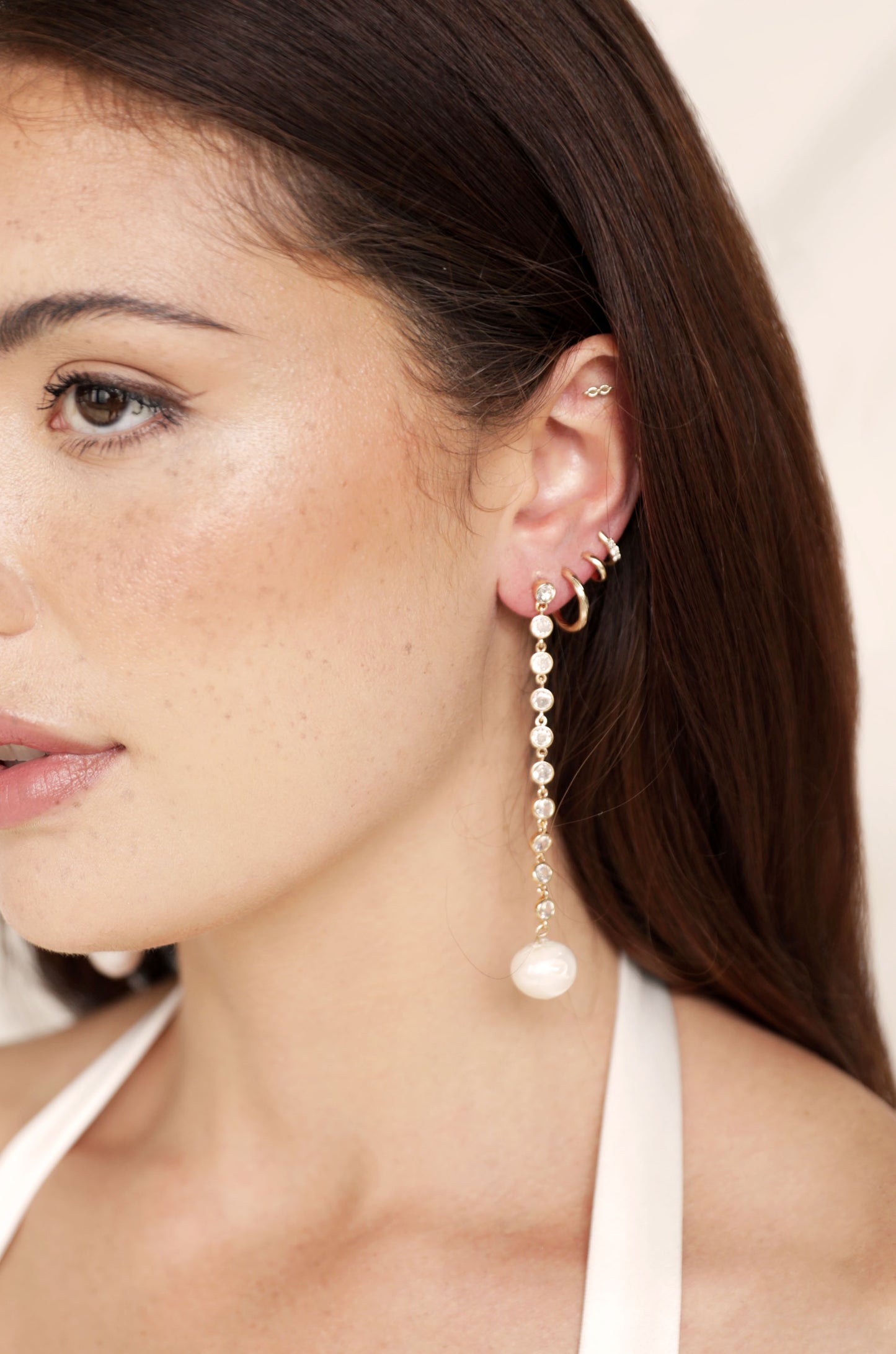 Crystal Chain Pearl Drop Earrings on model