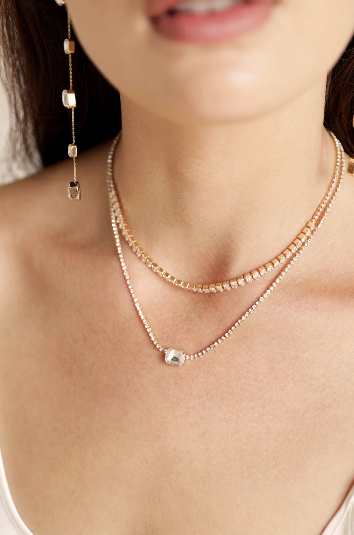 Double Layer Crystal Shine 18k Gold Plated Necklace on model