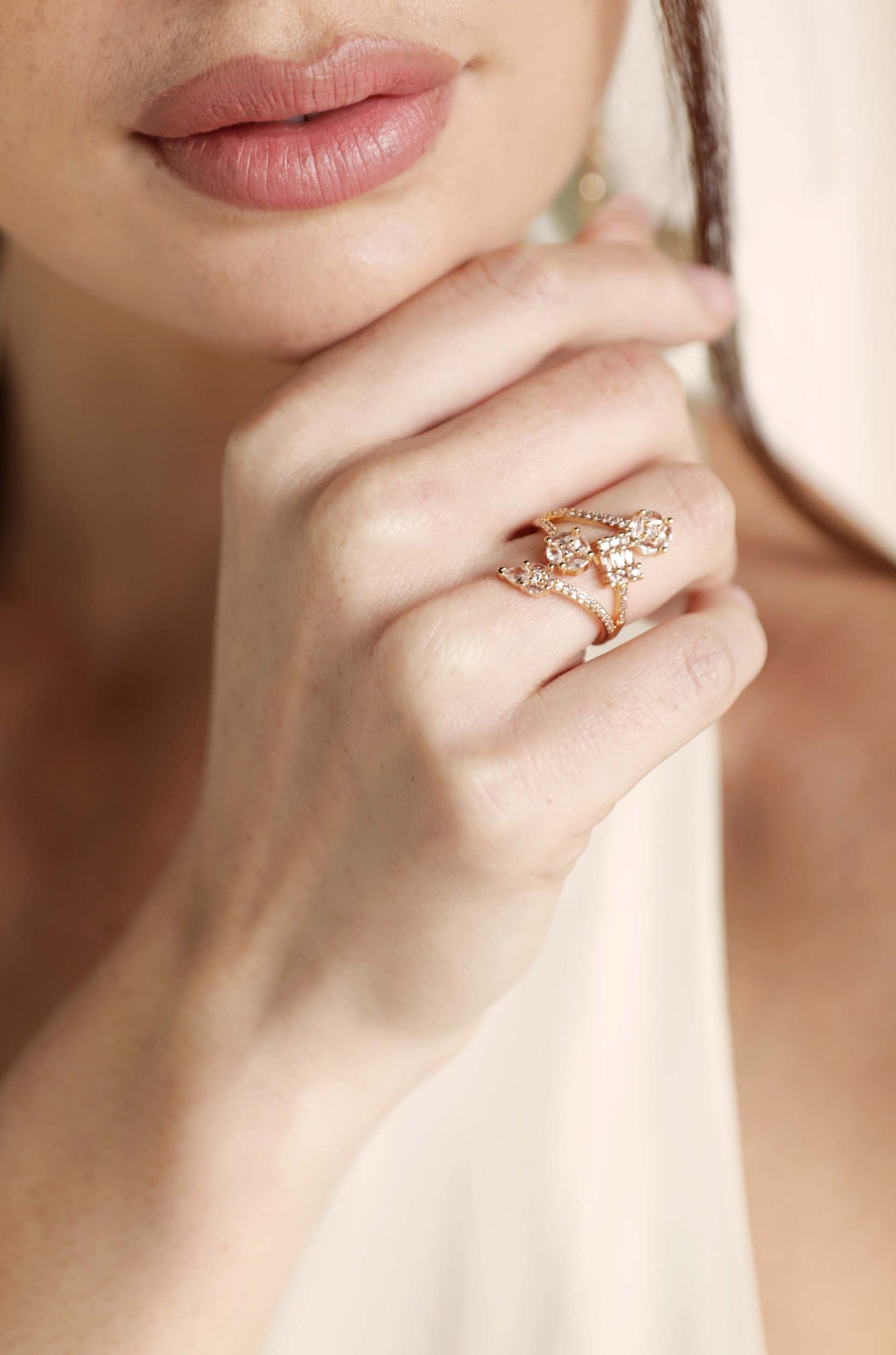 Doing the Most Crystal Shine 18k Gold Plated Ring on a model