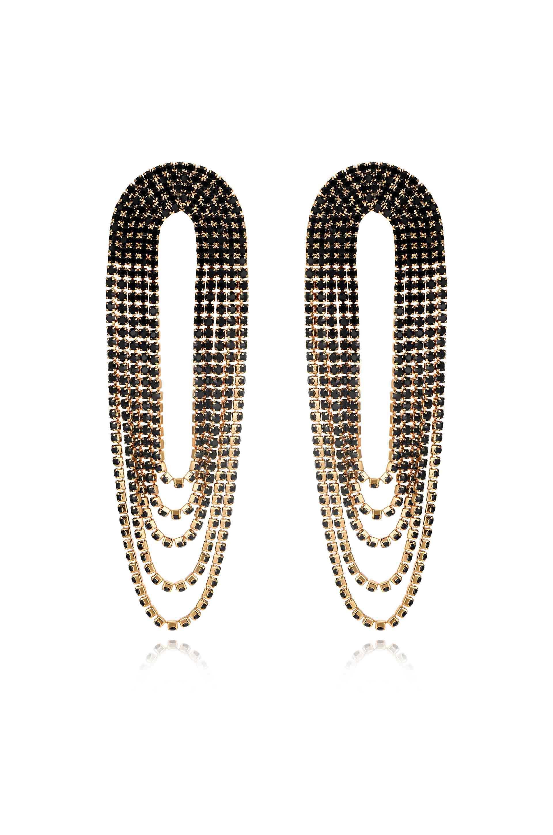 Crystal Drape Fringe Earrings Black Crystal with 18k Gold Plating