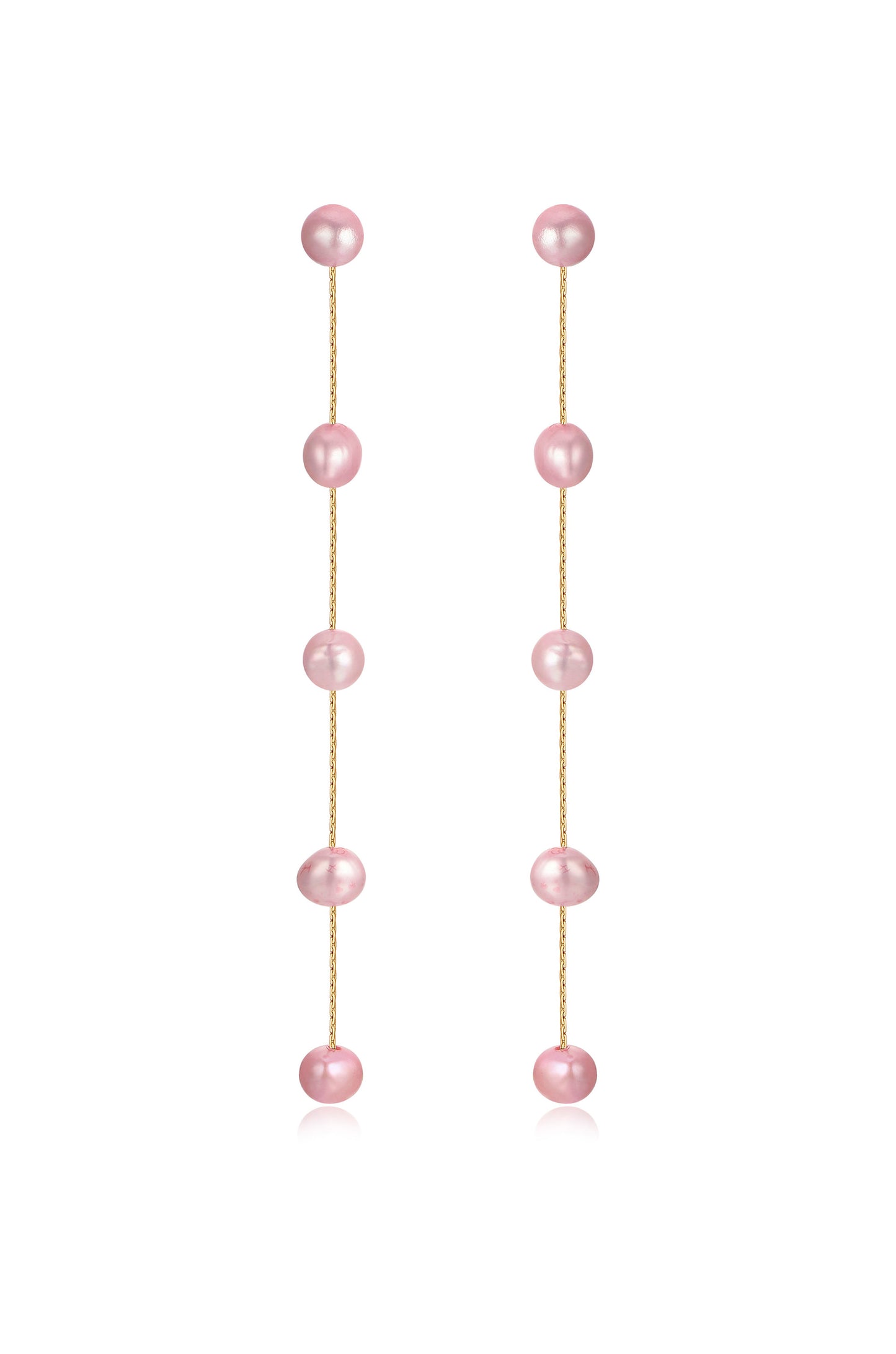 Dripping Pearl Delicate Drop Earrings pink pearl gold chain front view
