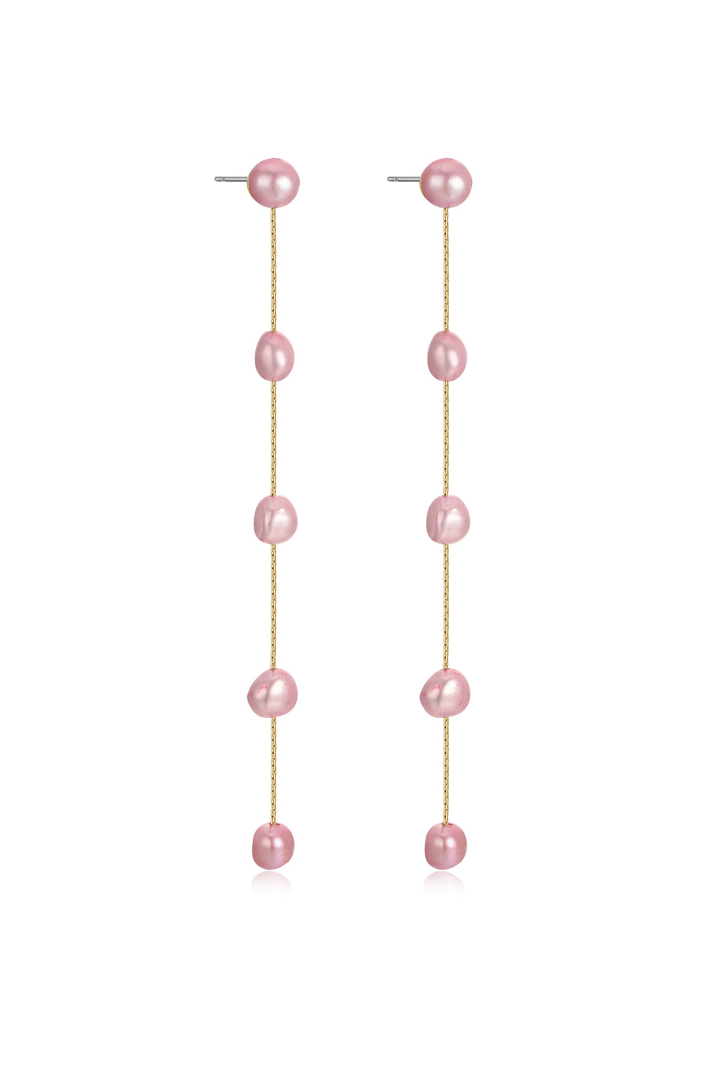 Dripping Pearl Delicate Drop Earrings pink pearl gold chain side view