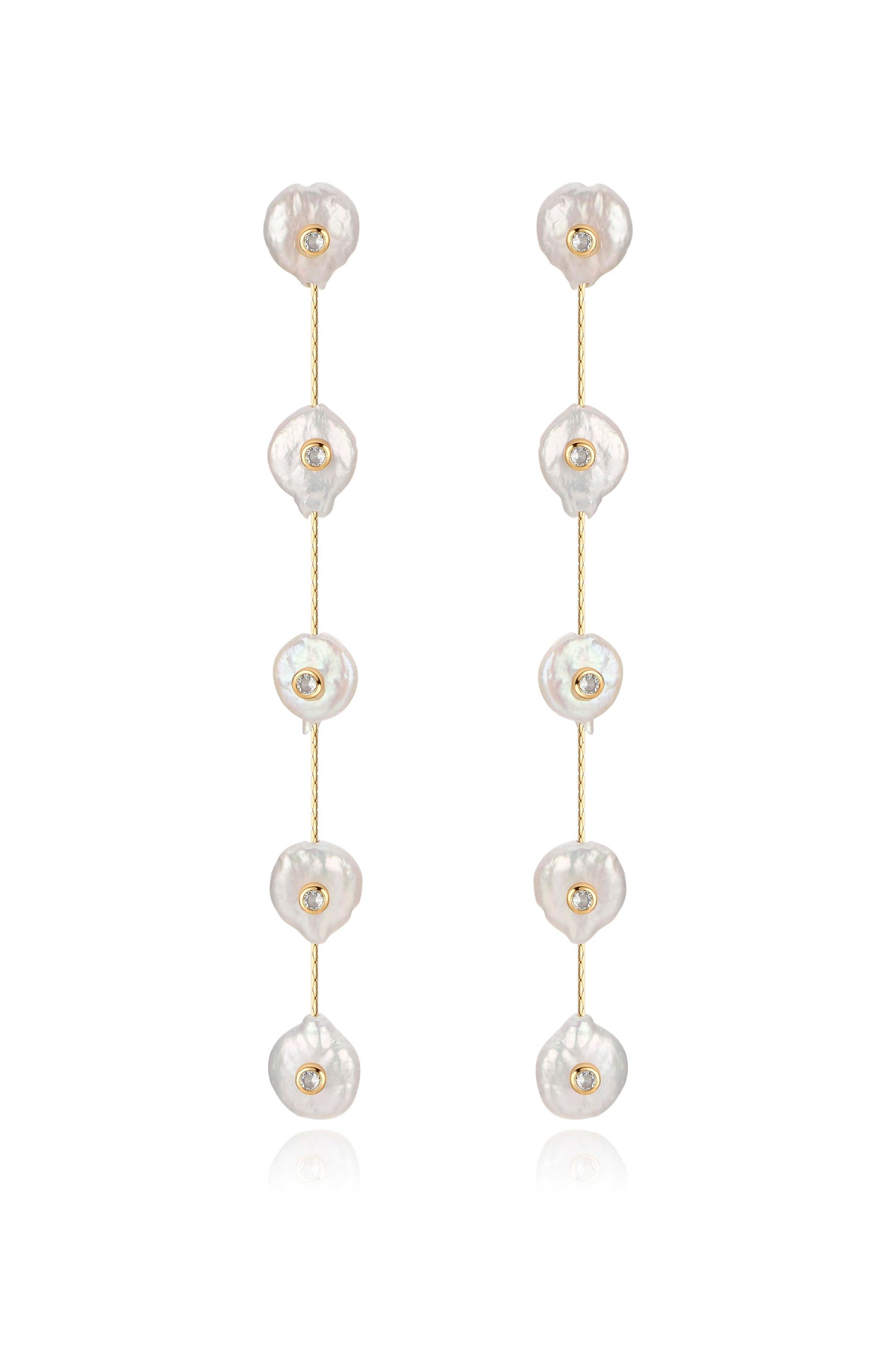 Falling Pearl and Crystal Dotted 18k Gold Plated Drop Earrings on white