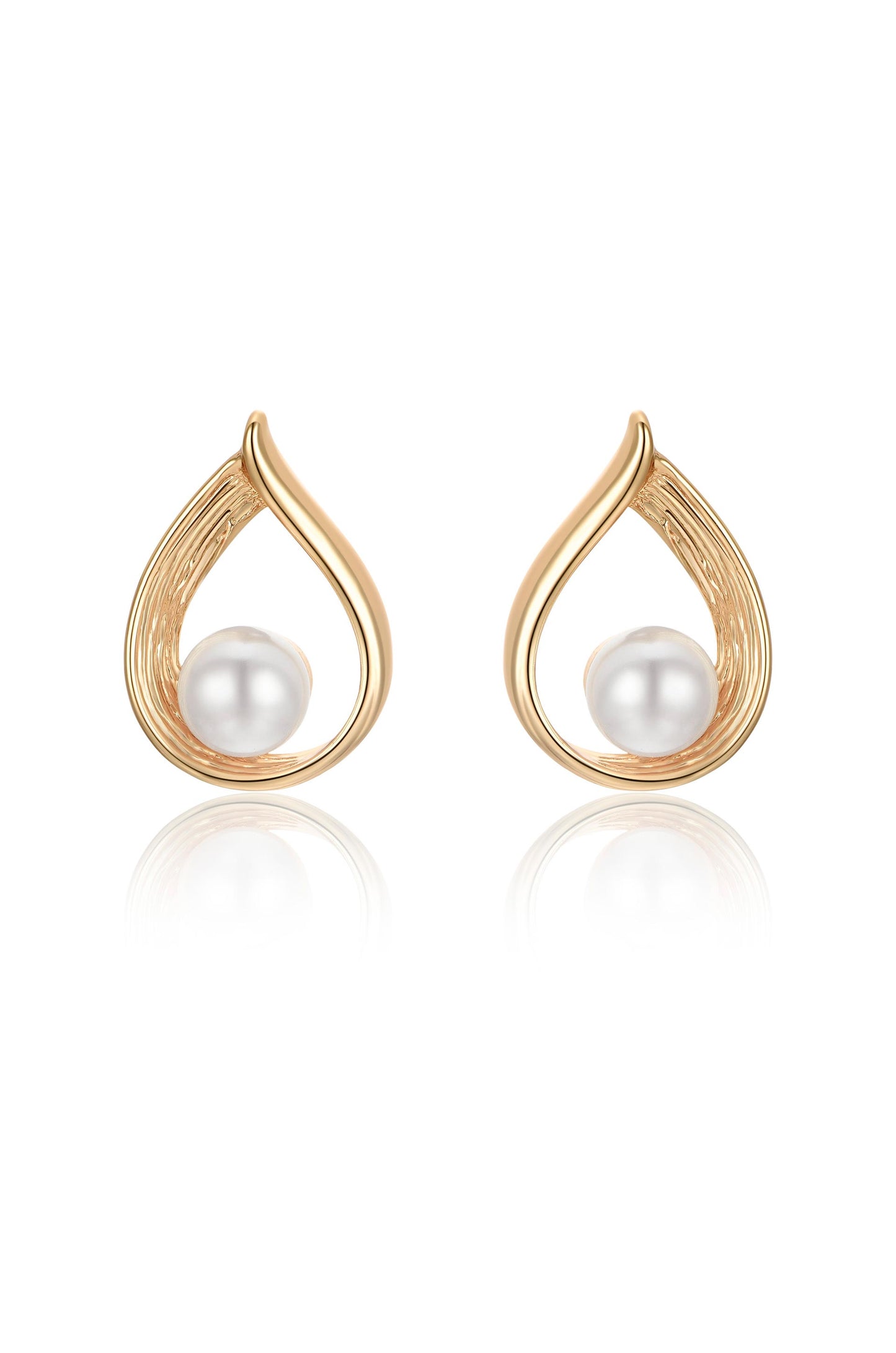 Golden Teardrop and Pearl 18k Gold Plated Earrings on white