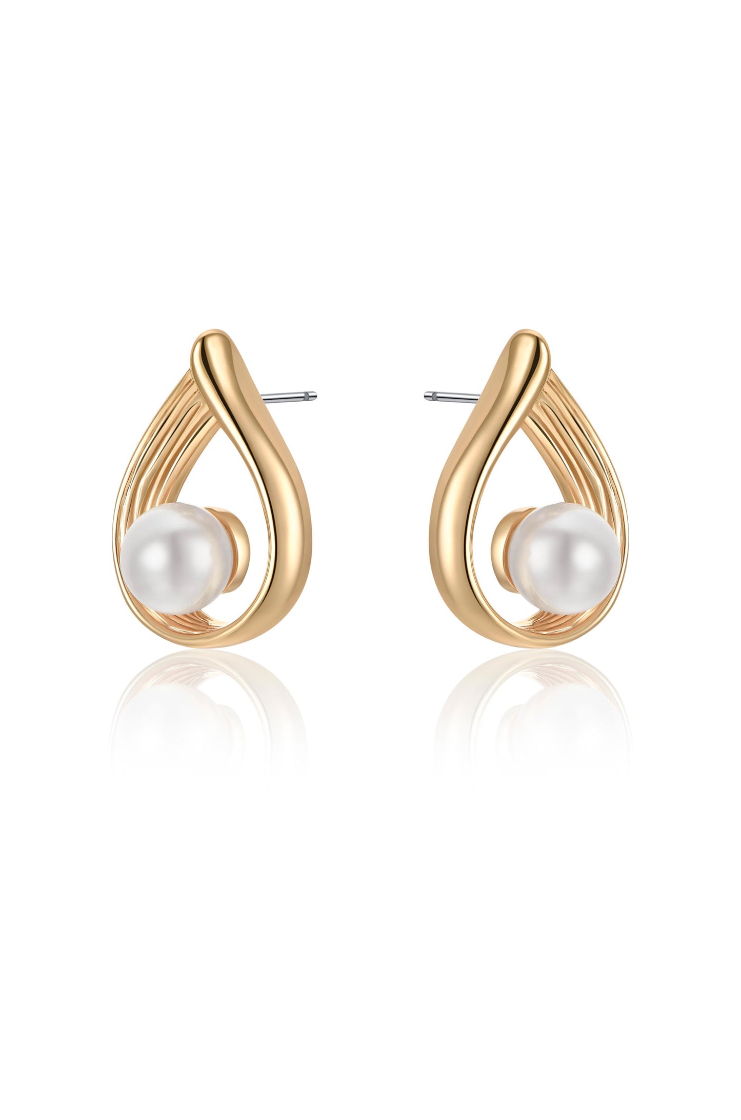 Golden Teardrop and Pearl 18k Gold Plated Earrings on white side view