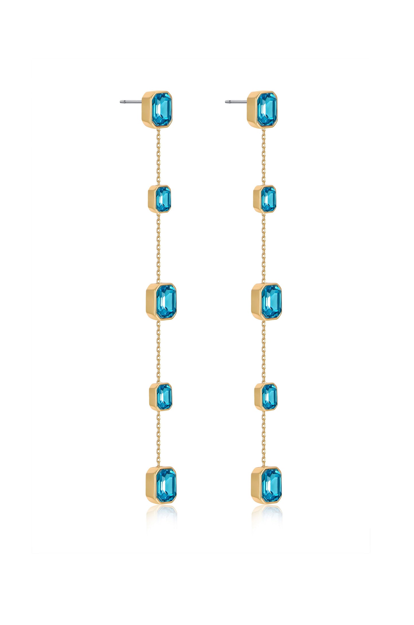 Iconic Crystal Dangle Earrings in aqua crystals facing side