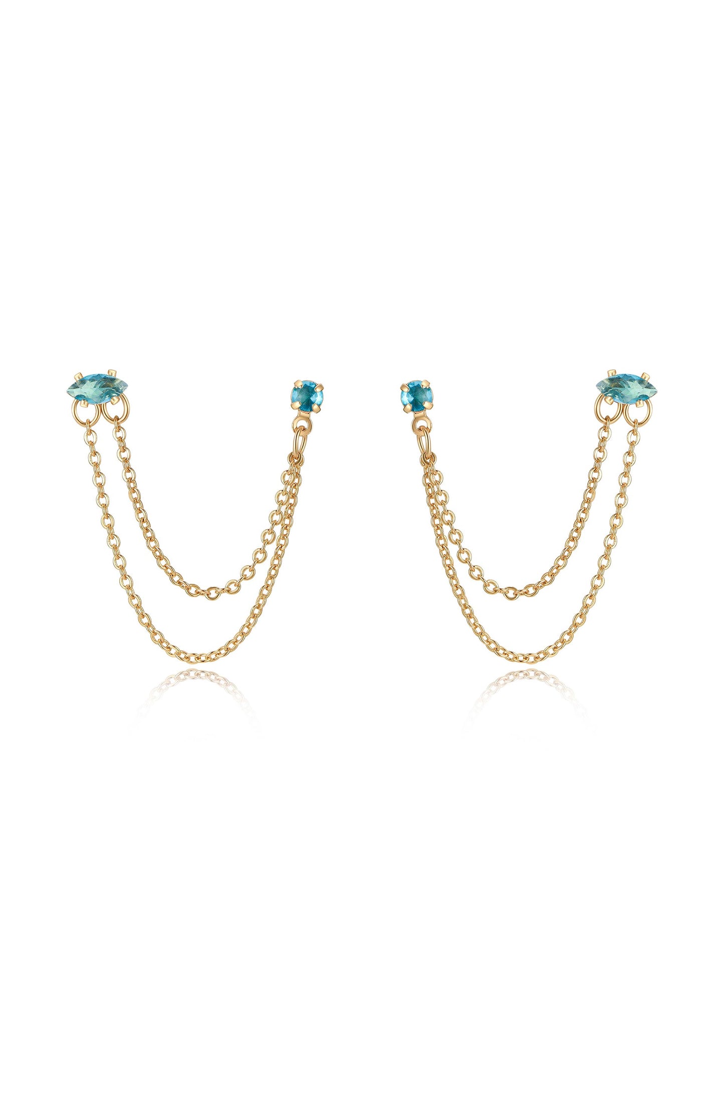 Double Piercing Chain Dangle Earrings Aqua Crystal with 18k Gold Plating