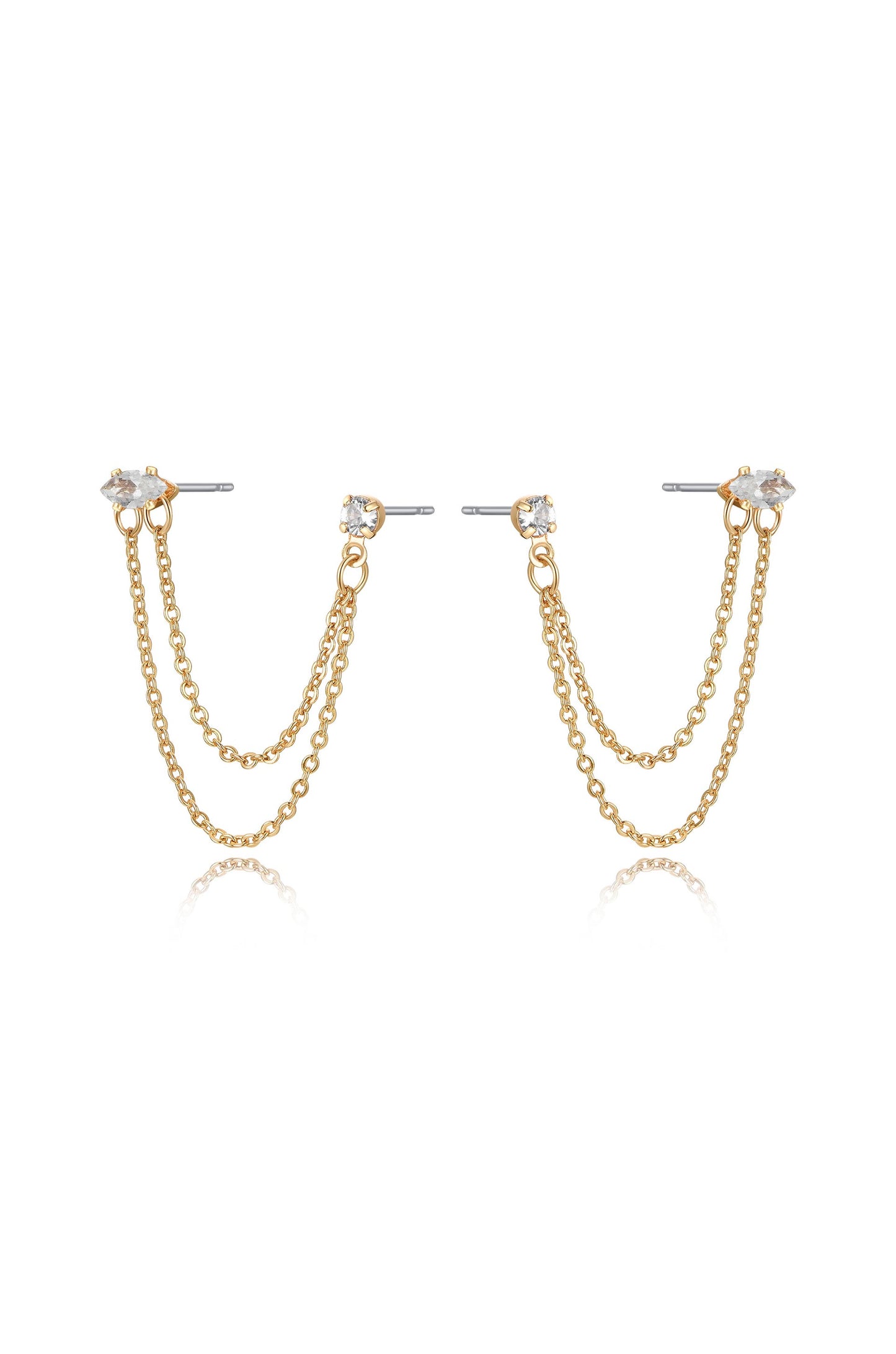 Double Piercing Chain Dangle Earrings Clear Crystal with 18k Gold Plating 2