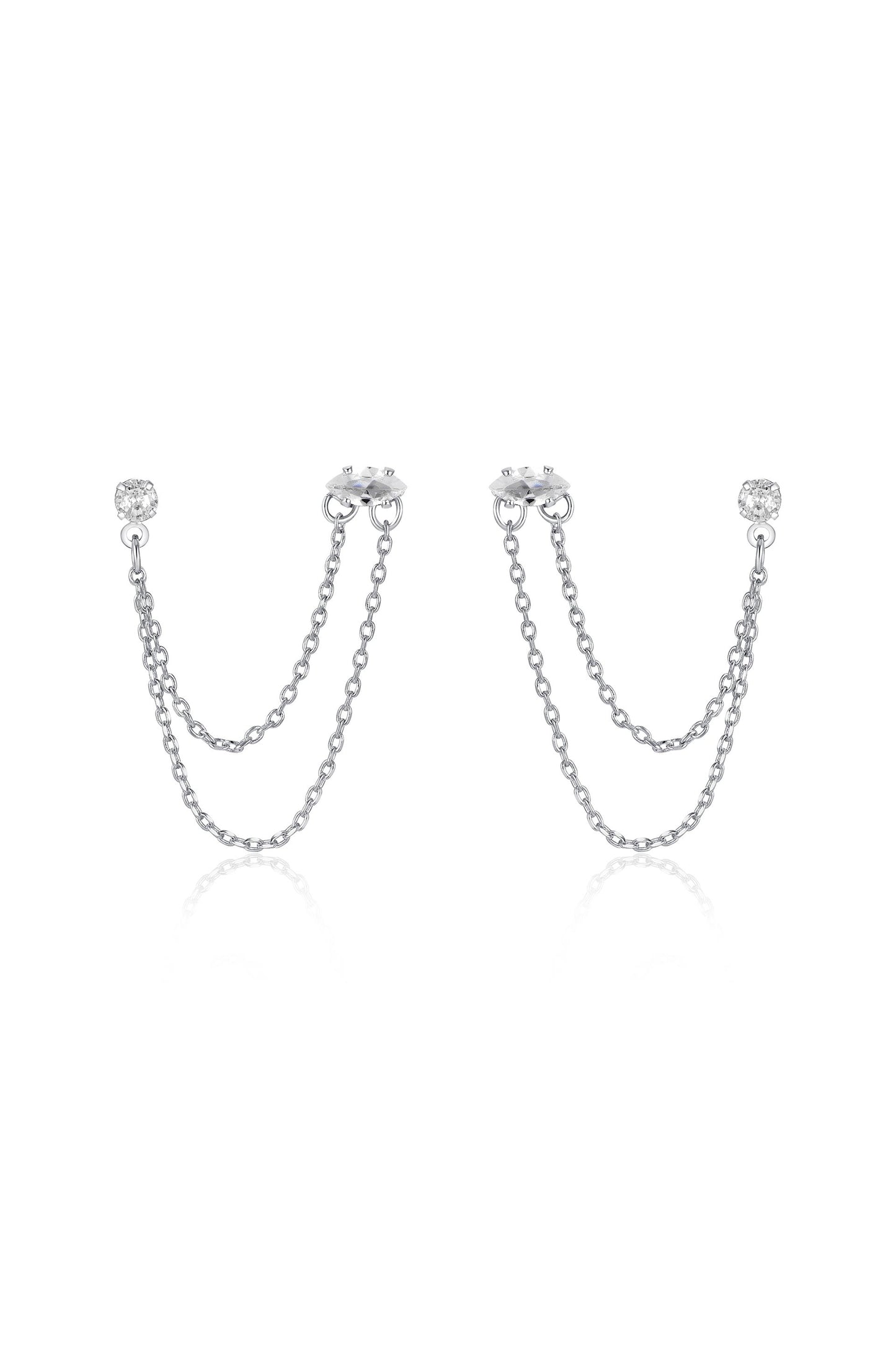 Double Piercing Chain Dangle Earrings Clear Crystal with Rhodium Plating