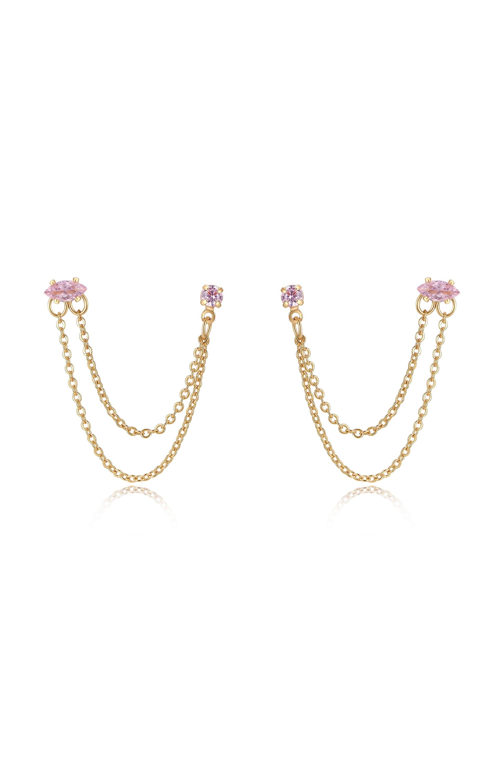 Double Piercing Chain Dangle Earrings Light Pink Crystal with 18k Gold Plating