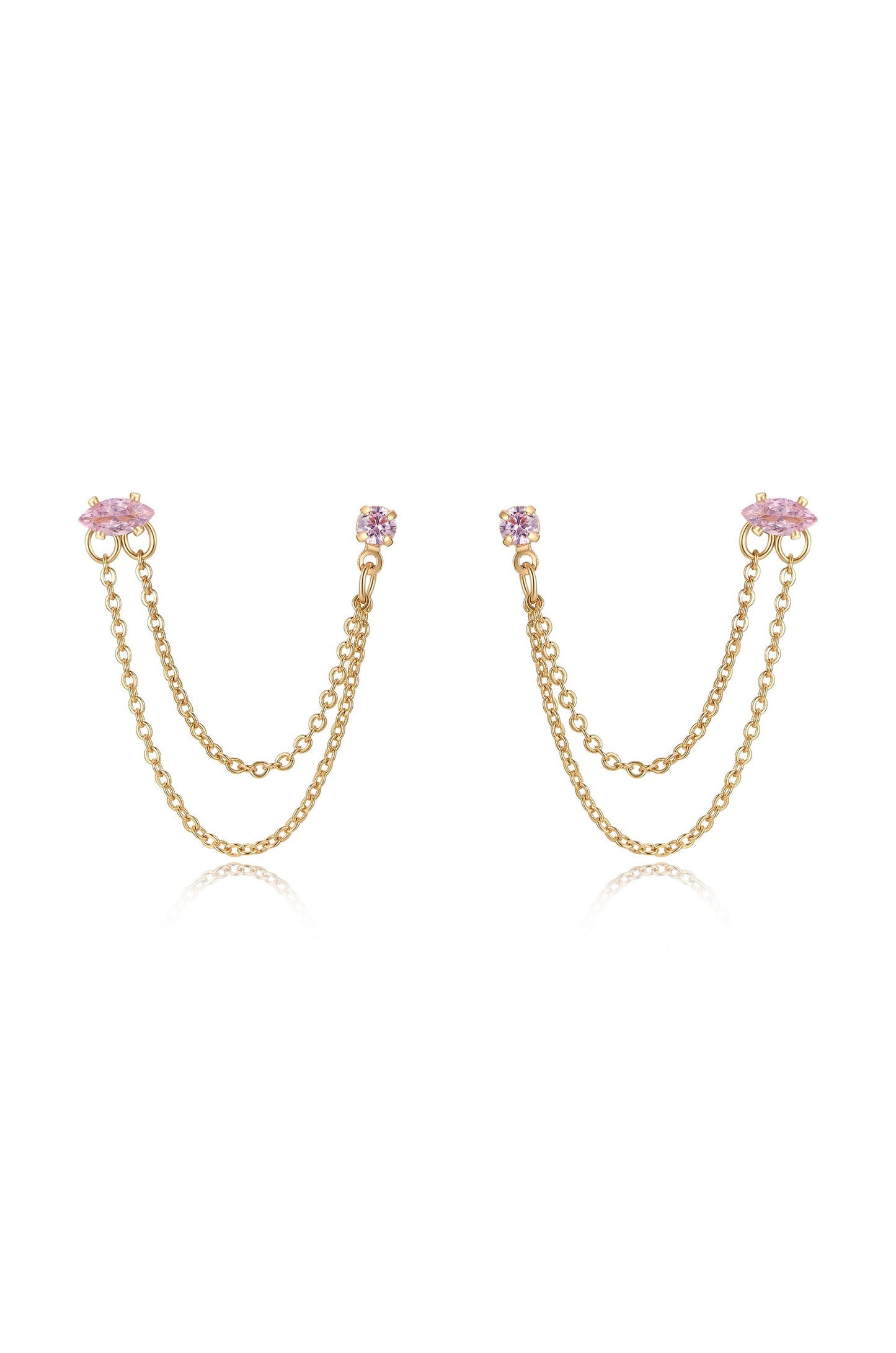 Double Piercing Chain Dangle Earrings Light Pink Crystal with 18k Gold Plating