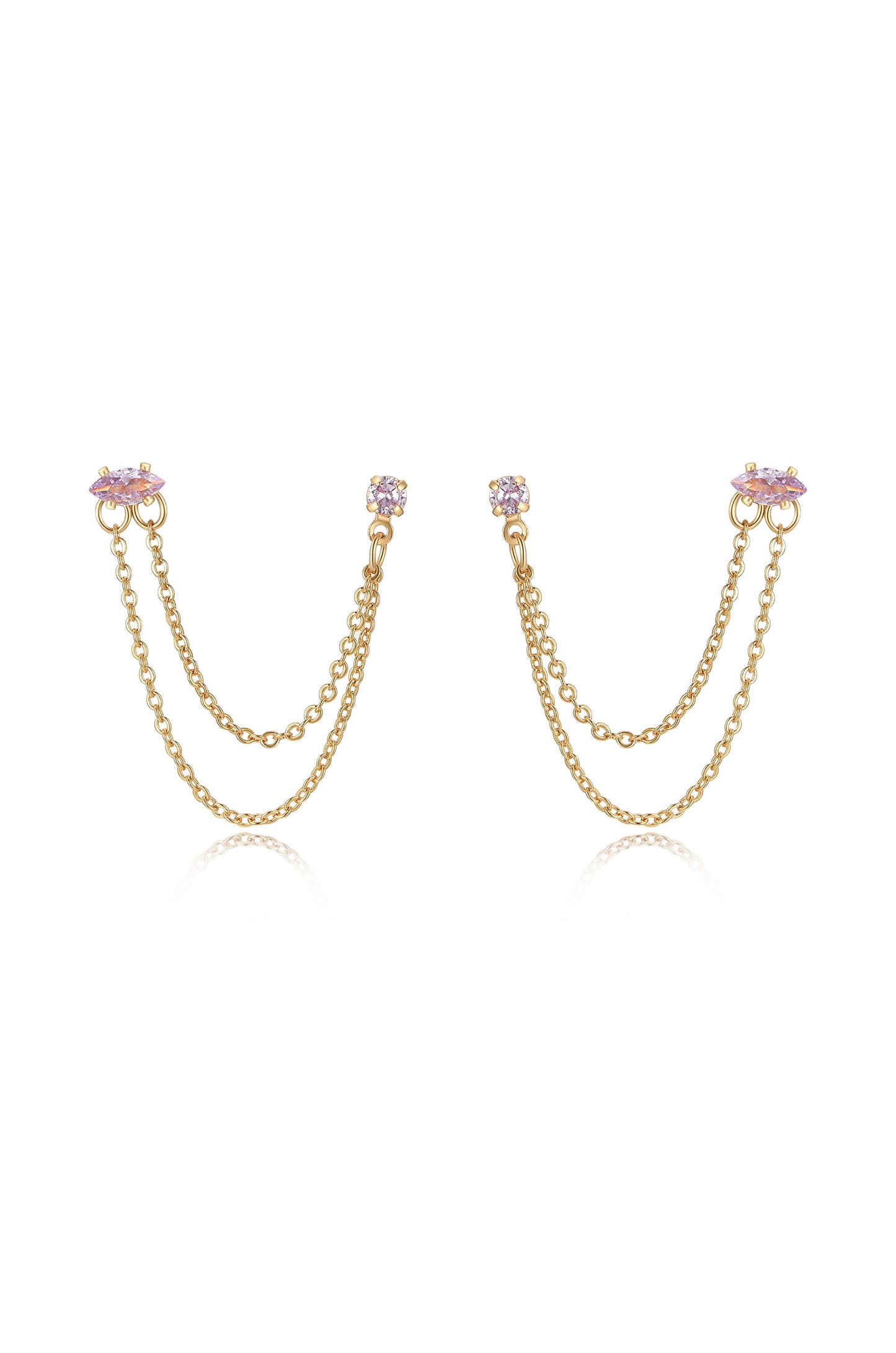 Double Piercing Chain Dangle Earrings Light Pink Crystal with 18k Gold Plating