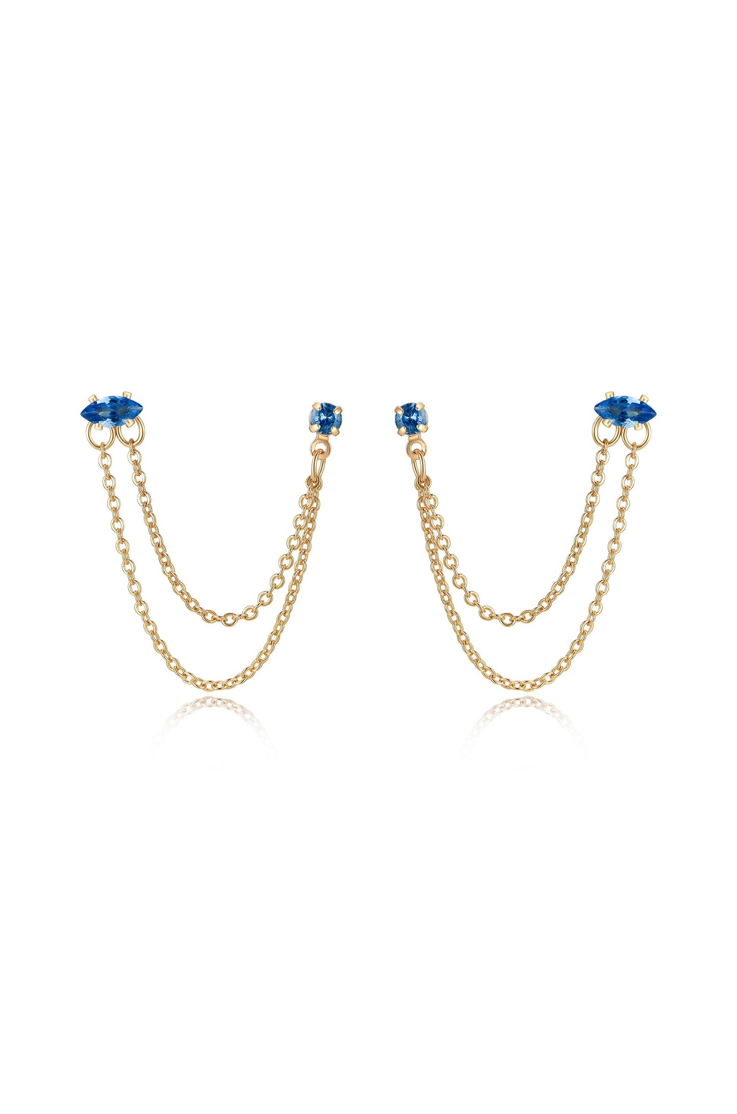 Double Piercing Chain Dangle Earrings in saphire front