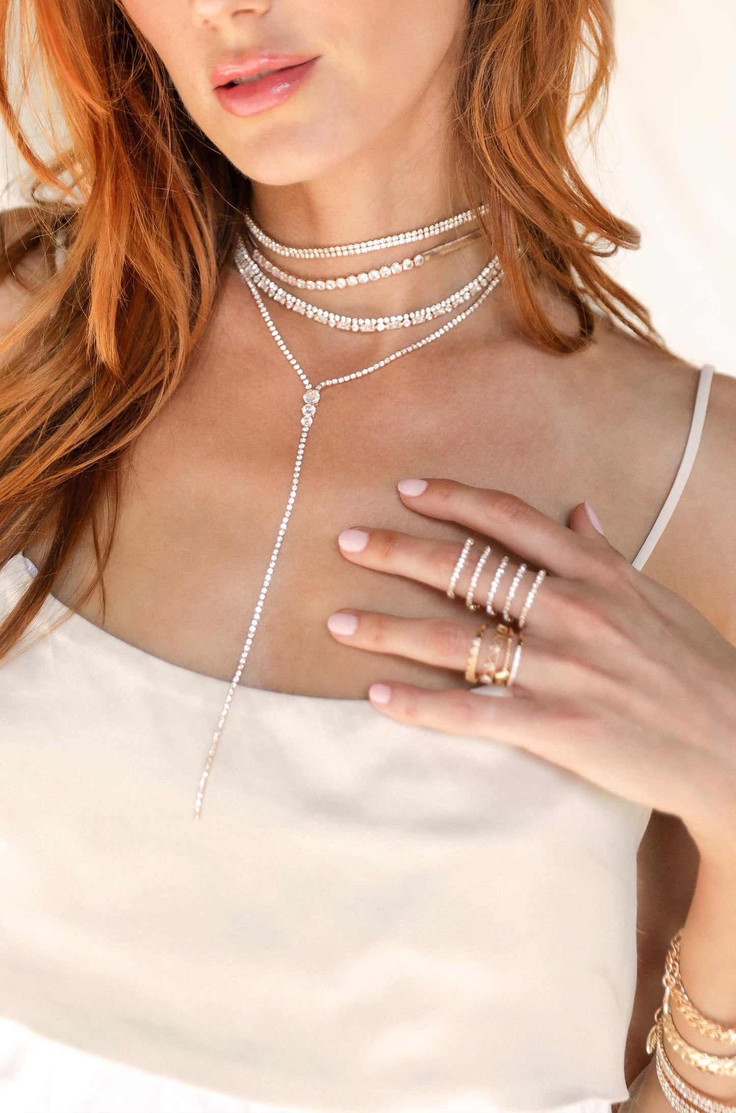 Two Rows of Crystal Sparkle 18k Gold Plated Choker on model