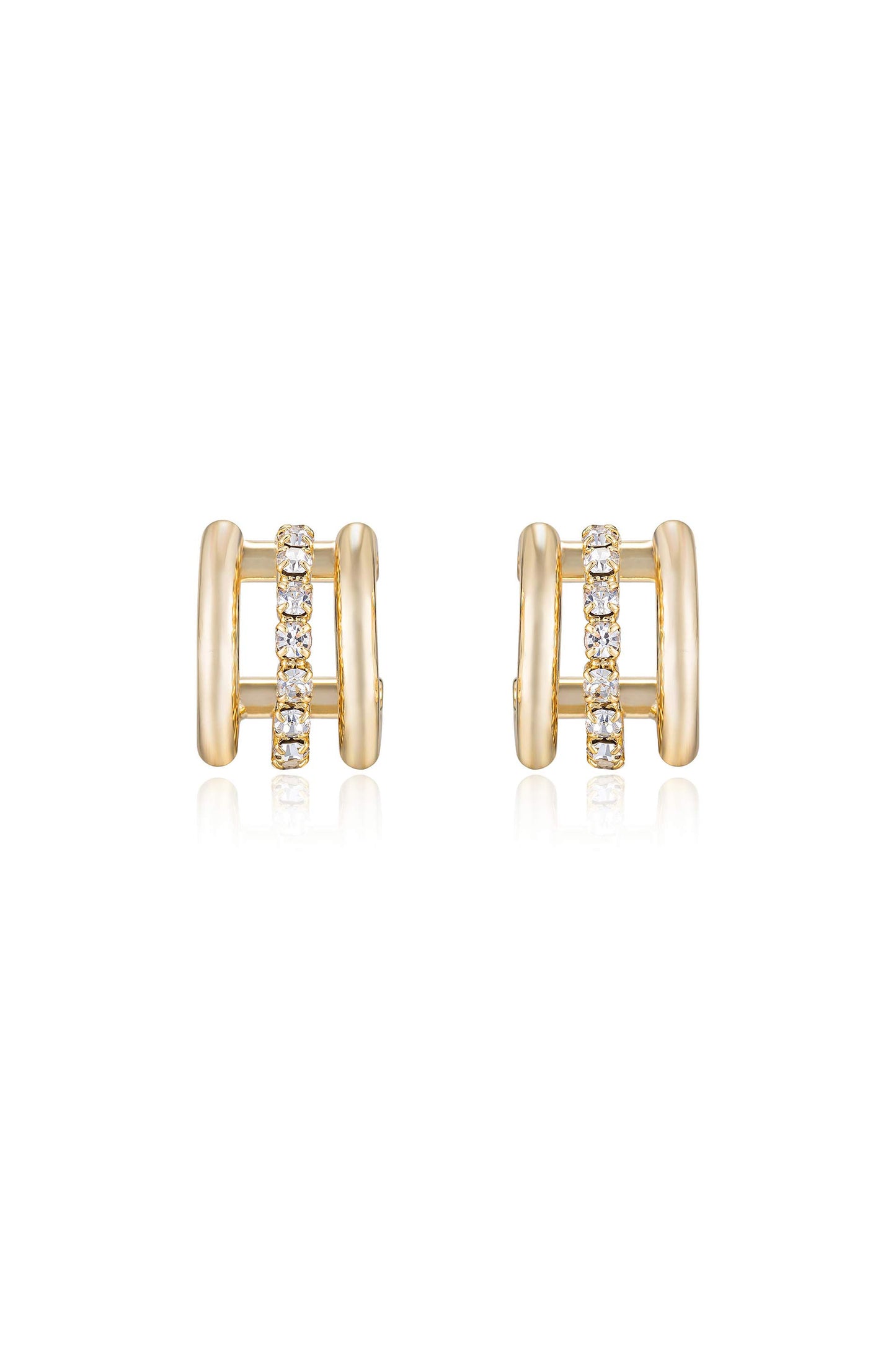 Thick Crystal Accent 18k Gold Plated Huggie Earrings front