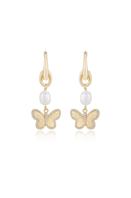 Butterfly High Pearl 18k Gold Plated Drop Earrings
