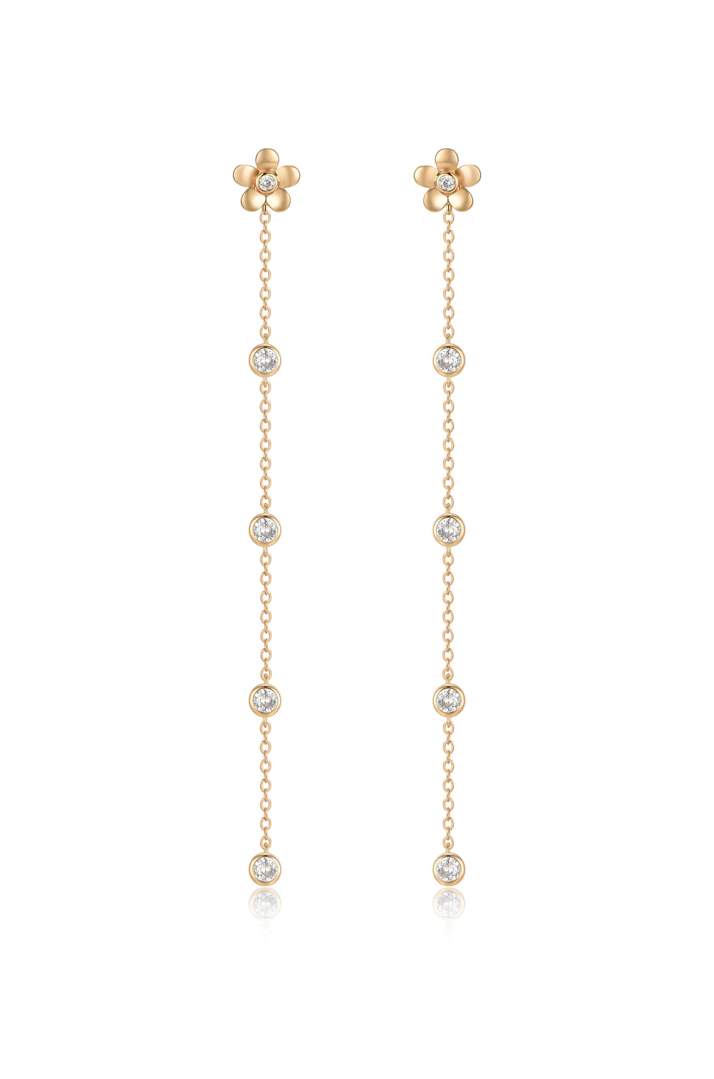 Single Flower Linear Dangle 18k Gold Plated Earrings on white