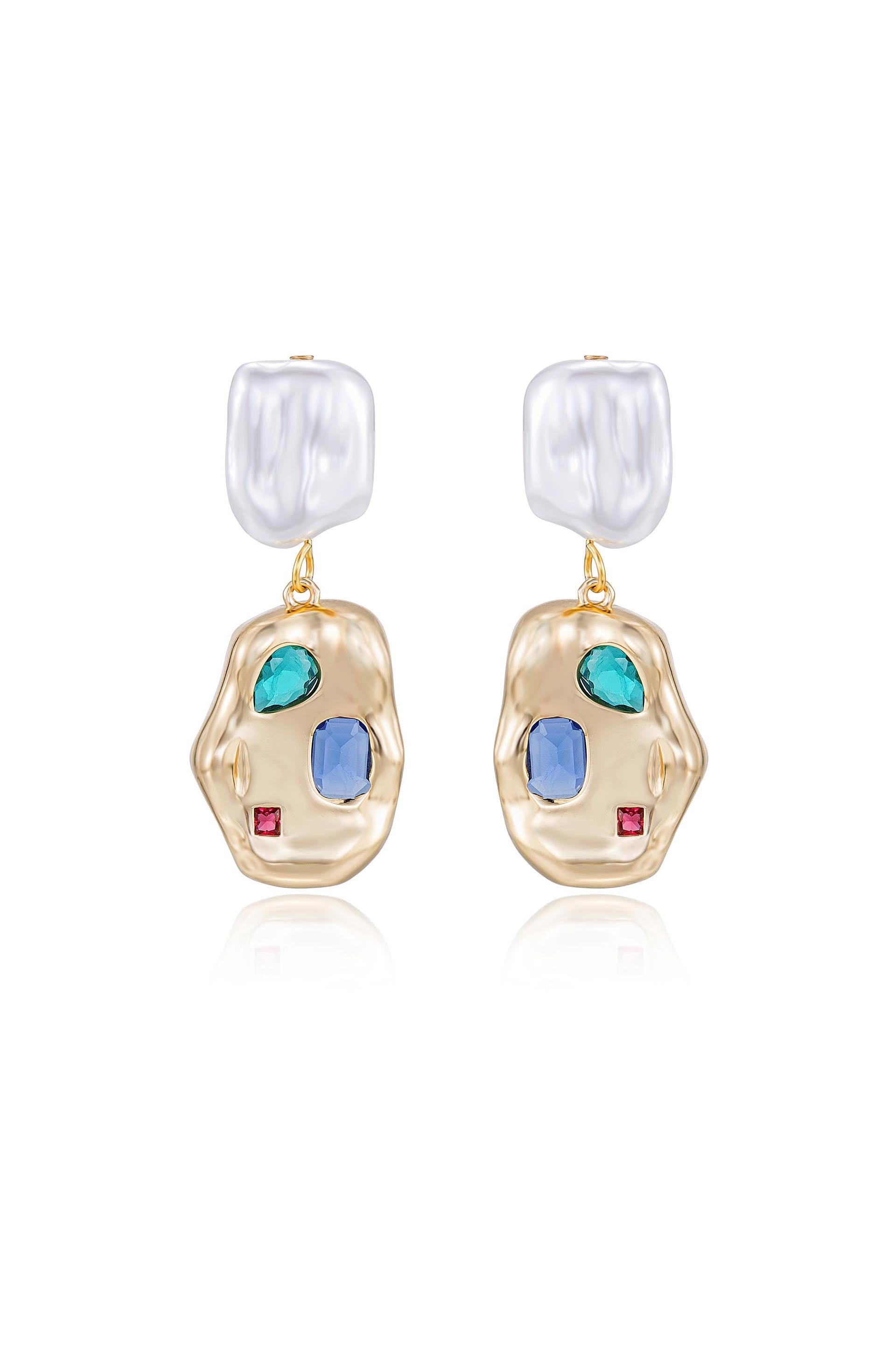Rainbow Crystal Nugget & Pearl Earrings