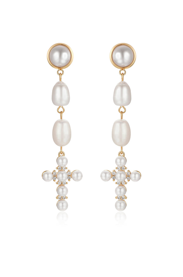 Pearl Cross Drop Earrings