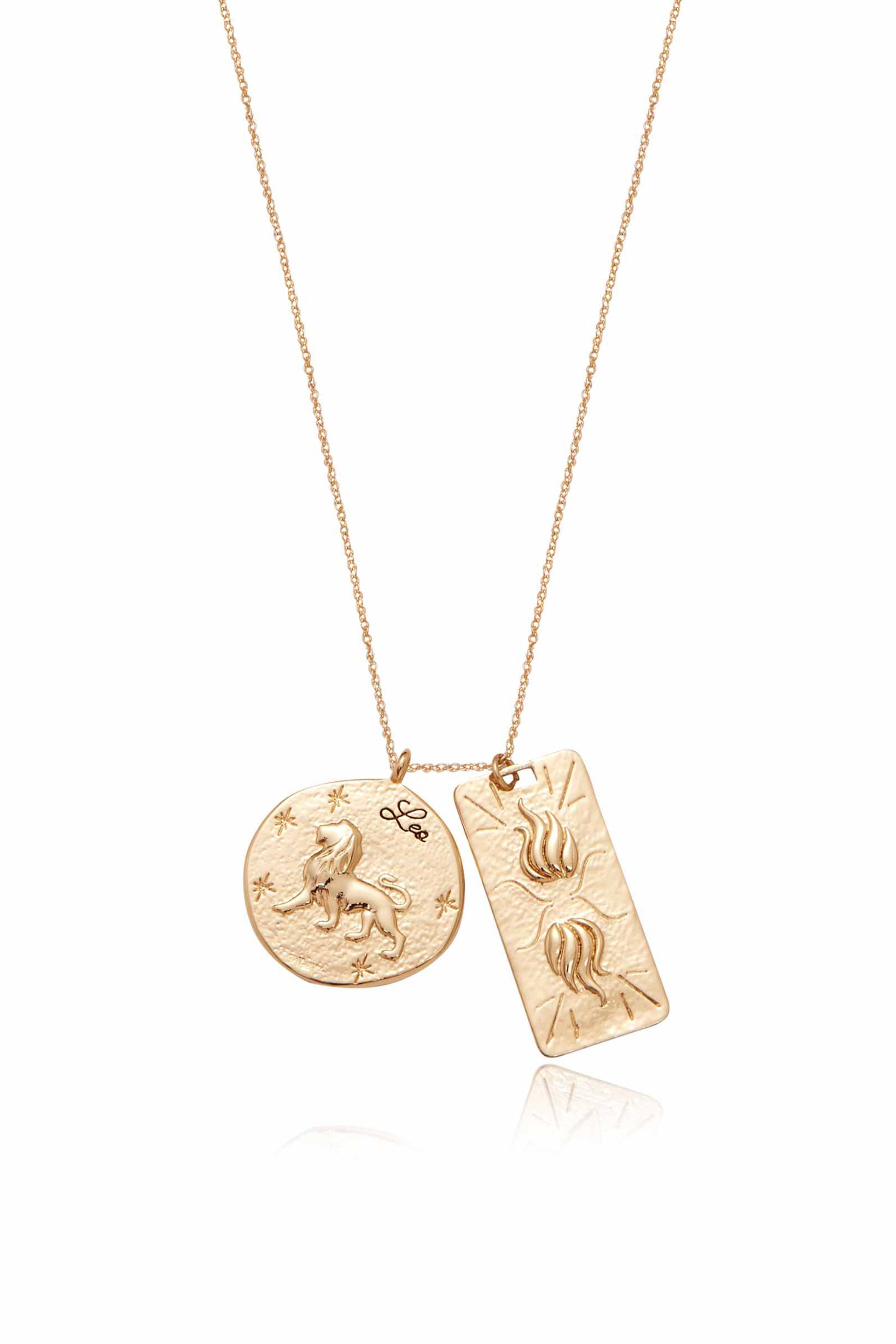 Zodiac Double Medallion Necklace leo close up