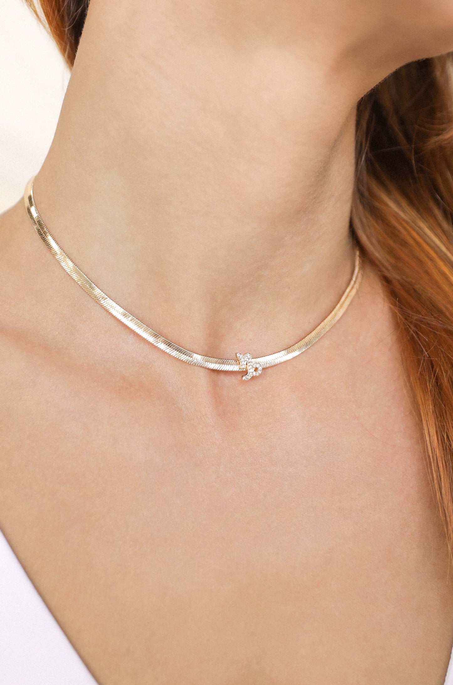 Zodiac Herringbone 18k Gold Plated Necklace on model 5