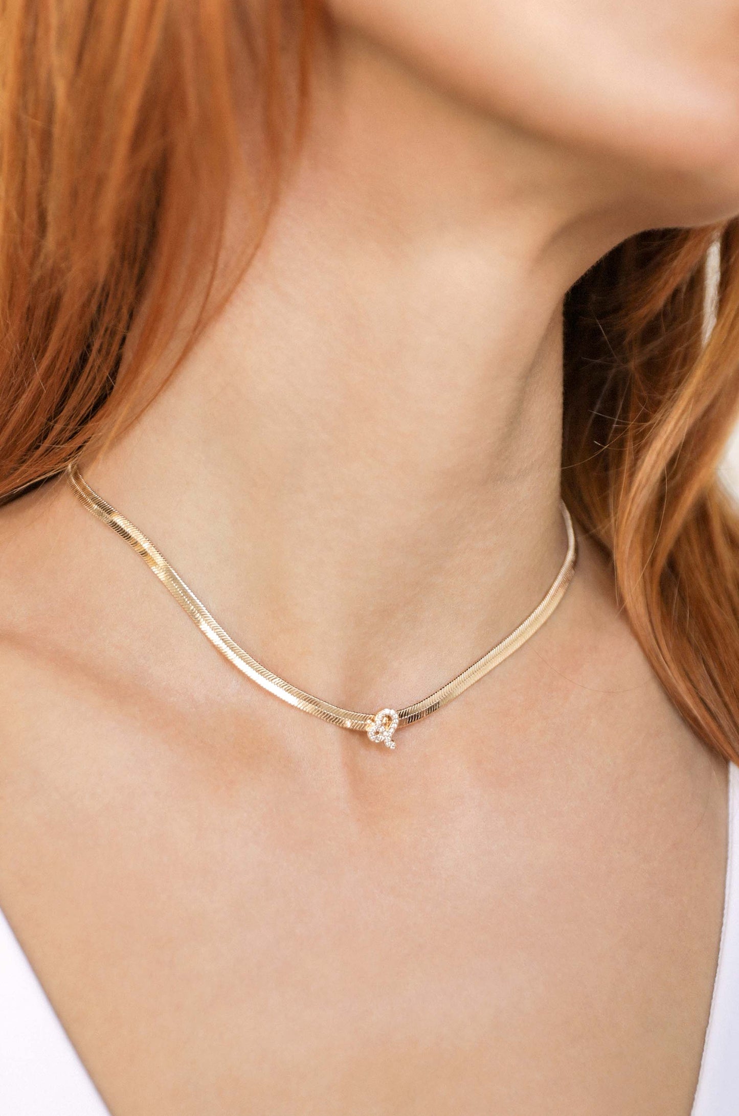 Zodiac Herringbone 18k Gold Plated Necklace on model 7