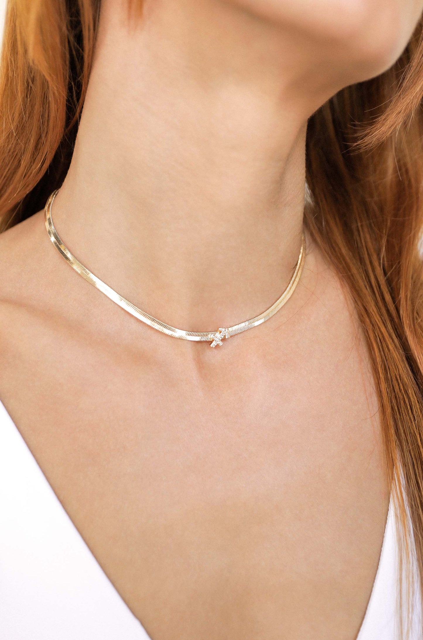 Zodiac Herringbone 18k Gold Plated Necklace on model 10