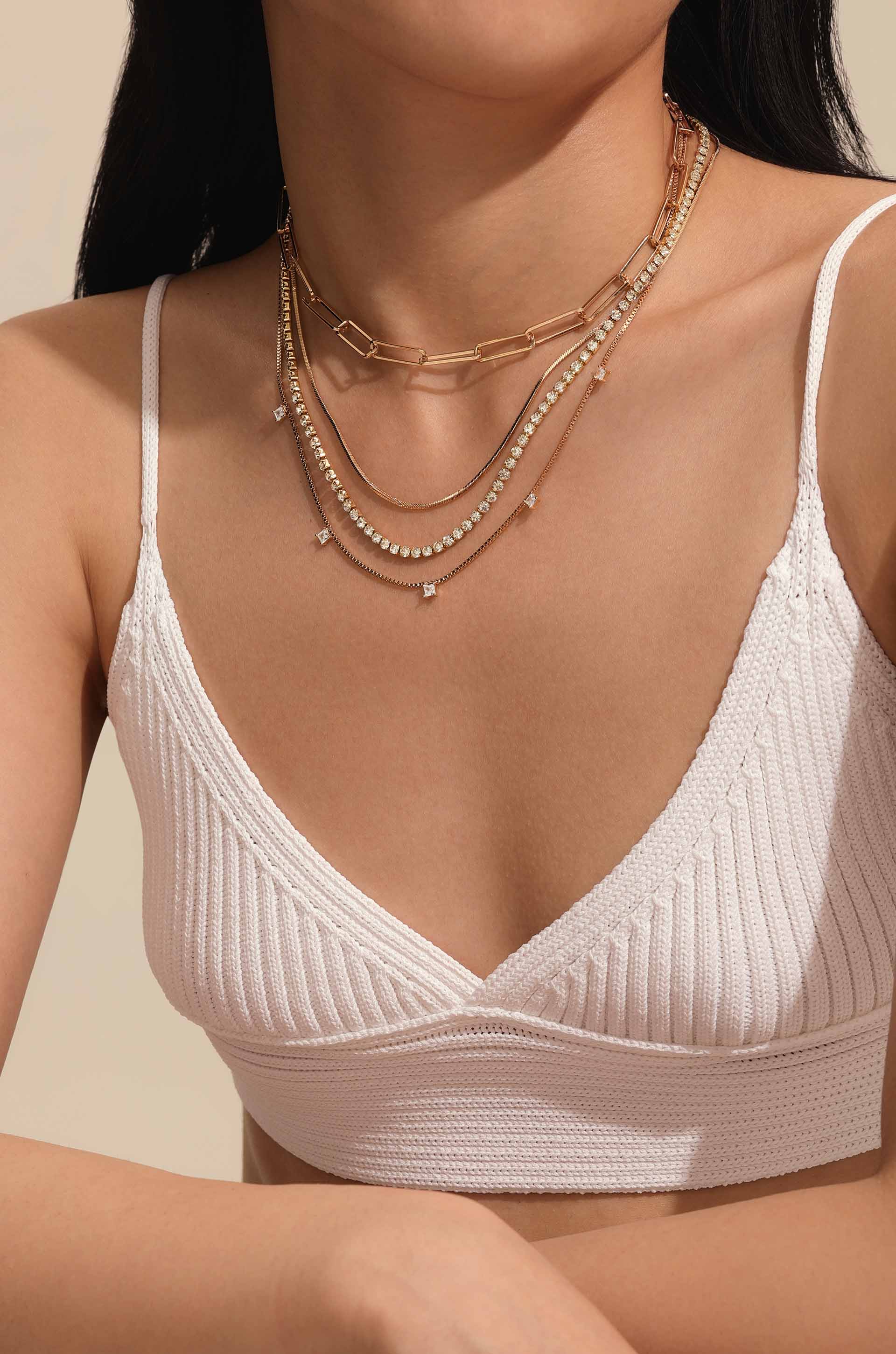 Mixed Chain Crystal Necklace Set on model