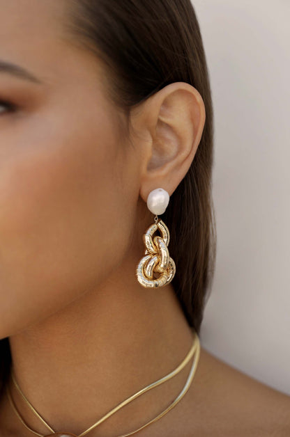 Liquid Gold Pearl Drop Earrings on model 4