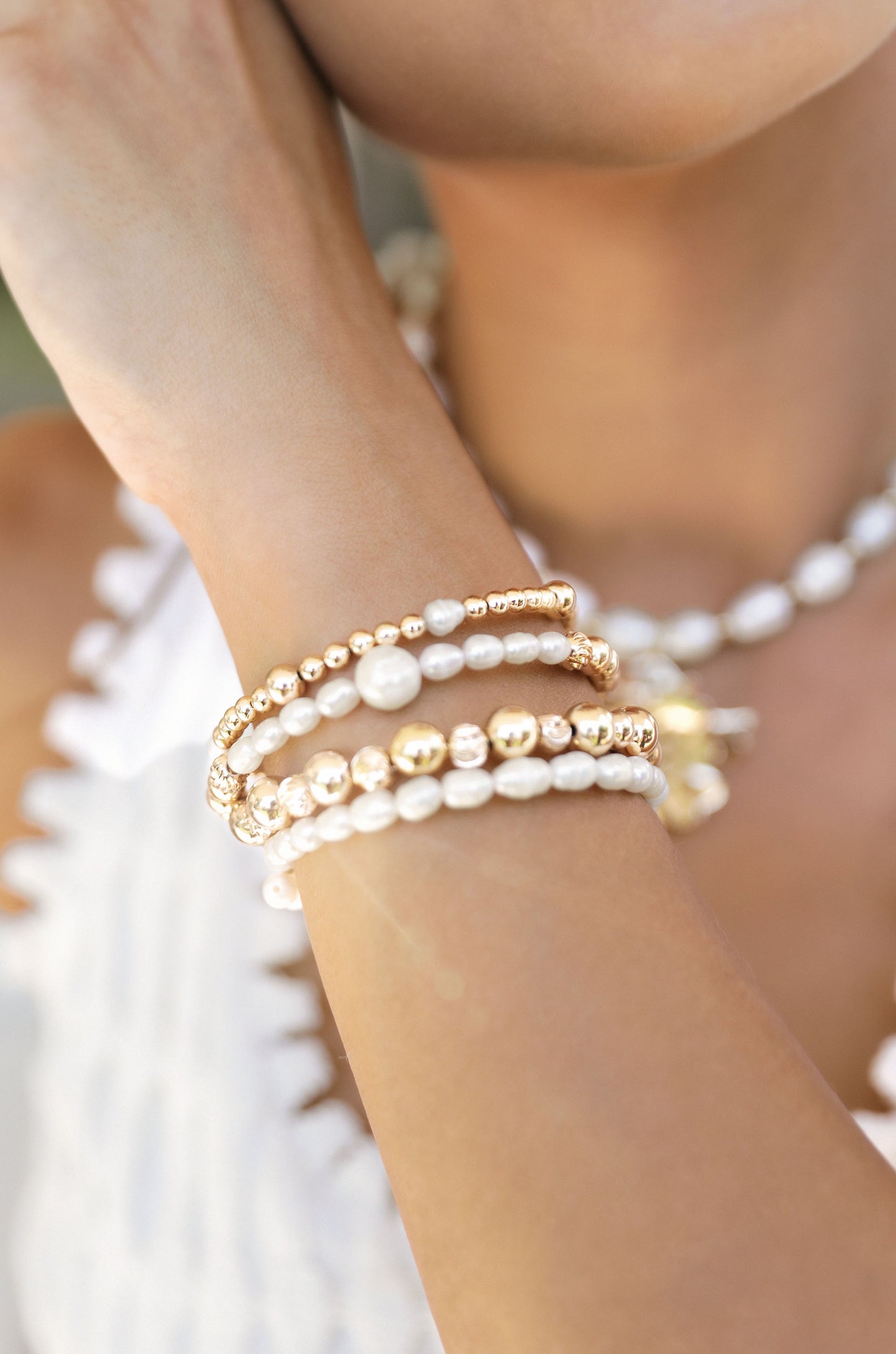 Freshwater Pearl Party Stack 18k Gold Plated Bracelet Set on model 2